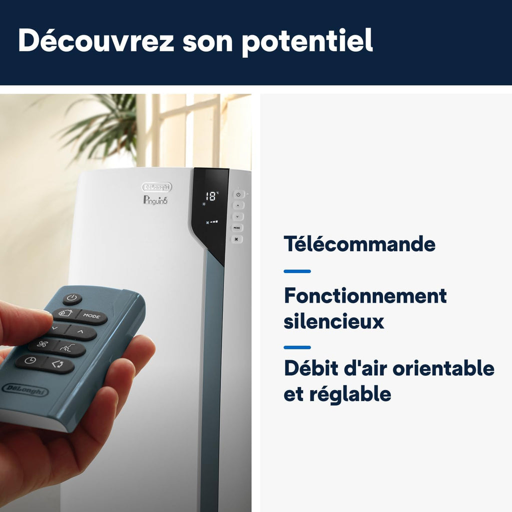  De'Longhi Pinguino Clim Mobile, Pièces Jusqu'à 30m², Déshumidificateur, Mode Ventilation, 10000BTU, Refroidissement Silencieux, Eco Real Feel, Télécommande, Minuterie, Classe Énergie A+++ (PACEX105)