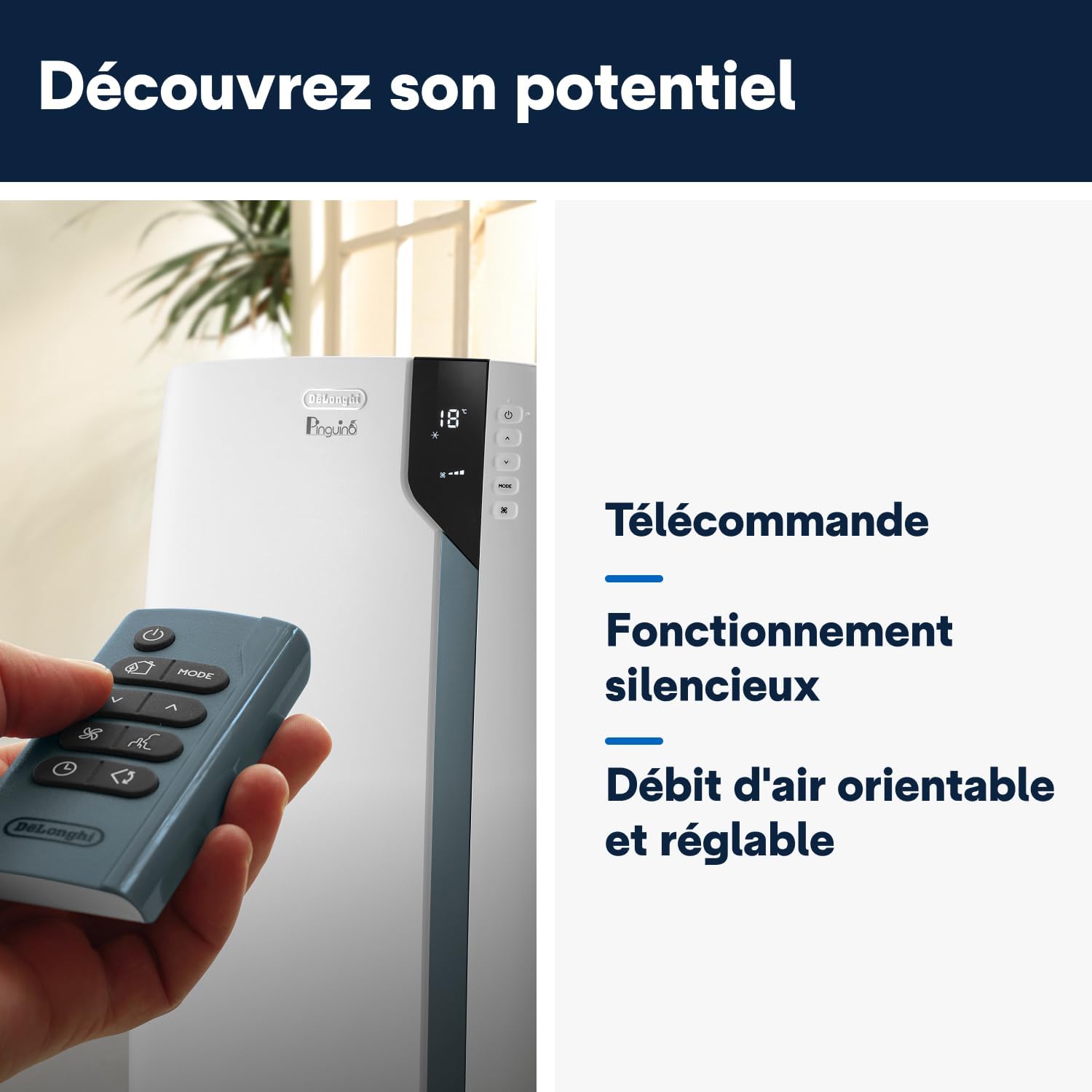  De'Longhi Pinguino Clim Mobile, Pièces Jusqu'à 30m², Déshumidificateur, Mode Ventilation, 10000BTU, Refroidissement Silencieux, Eco Real Feel, Télécommande, Minuterie, Classe Énergie A+++ (PACEX105)