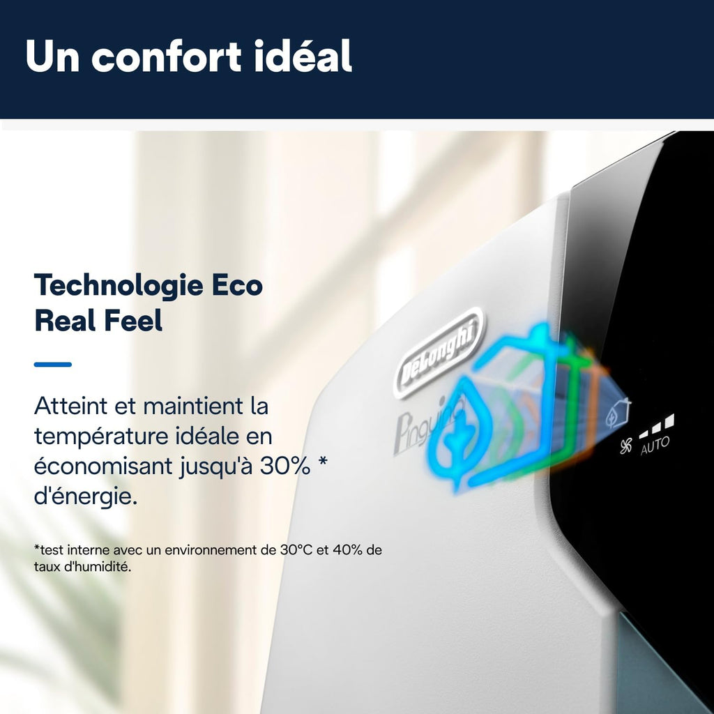  De'Longhi Pinguino Clim Mobile, Pièces Jusqu'à 30m², Déshumidificateur, Mode Ventilation, 10000BTU, Refroidissement Silencieux, Eco Real Feel, Télécommande, Minuterie, Classe Énergie A+++ (PACEX105)