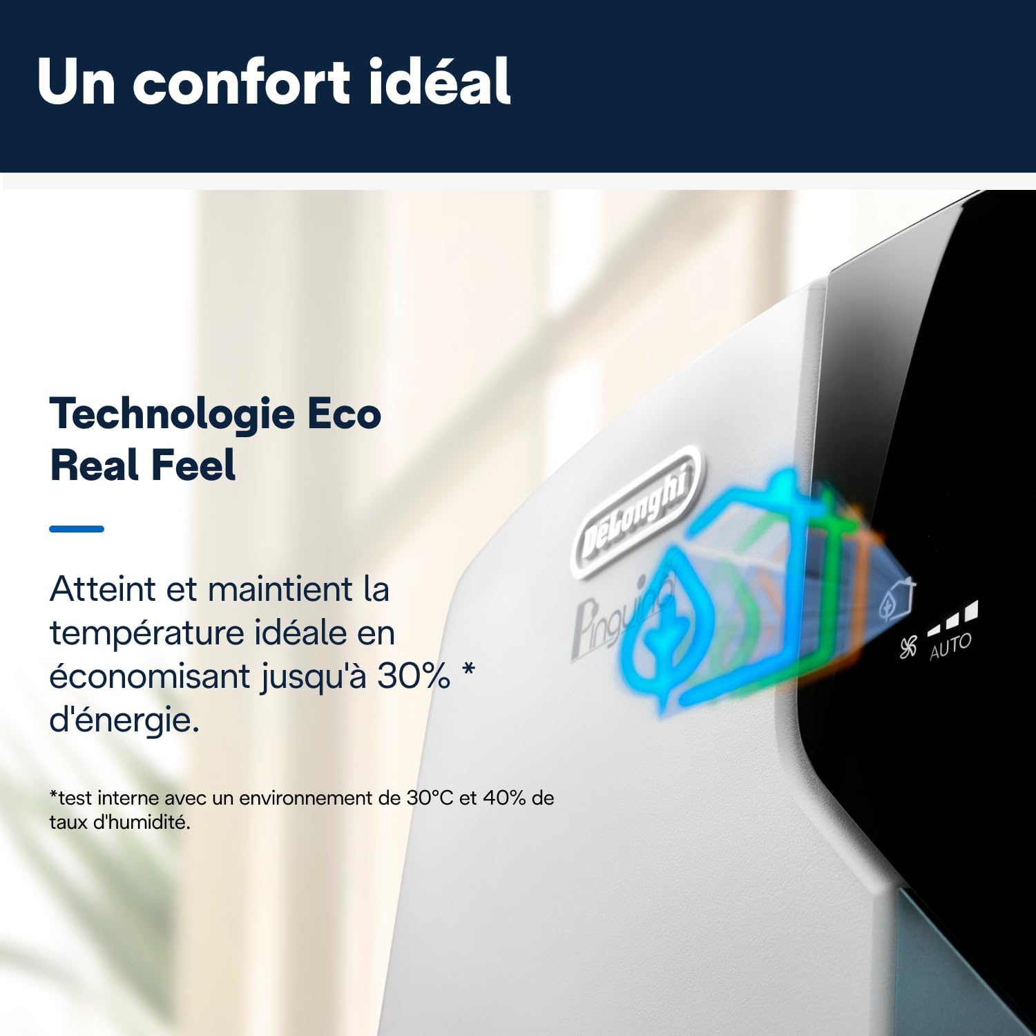  De'Longhi Pinguino Clim Mobile, Pièces Jusqu'à 30m², Déshumidificateur, Mode Ventilation, 10000BTU, Refroidissement Silencieux, Eco Real Feel, Télécommande, Minuterie, Classe Énergie A+++ (PACEX105)