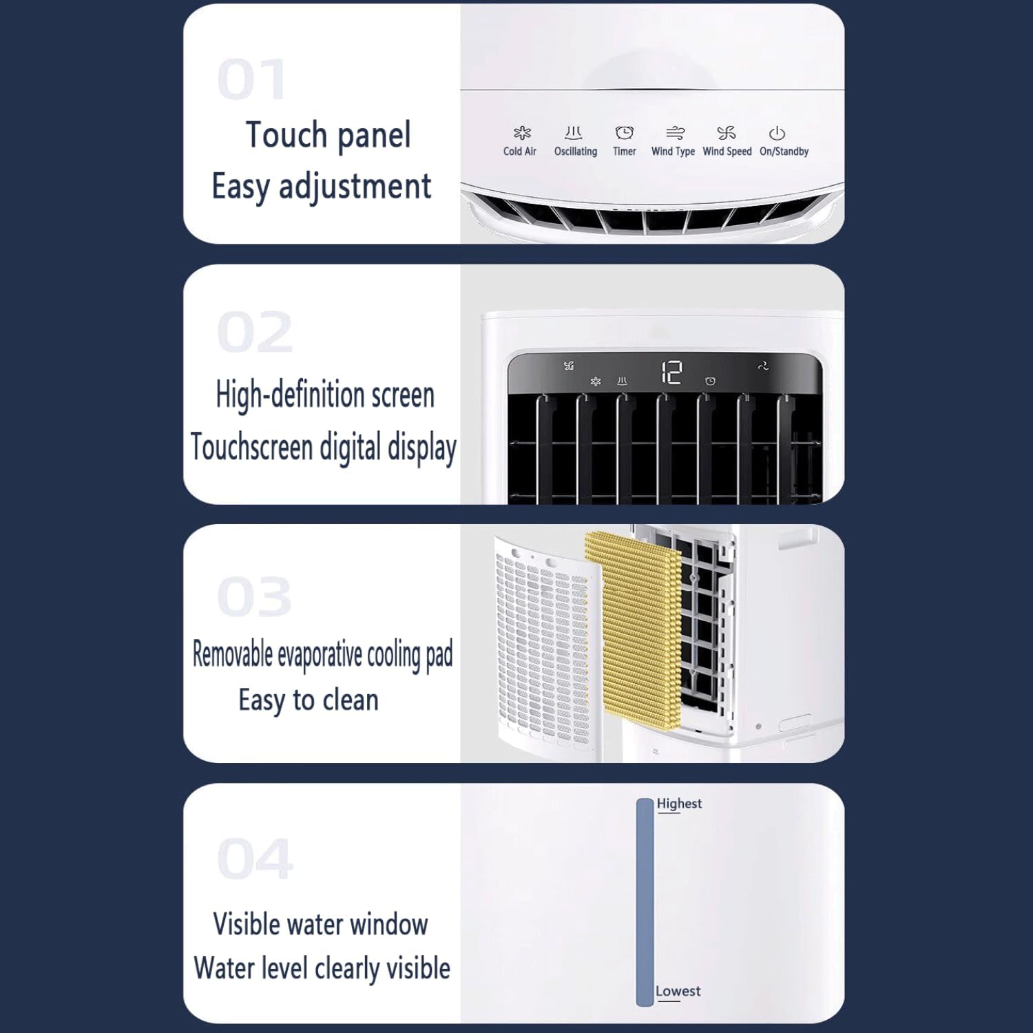 GENERIC Refroidisseur évaporatif Silencieux 12L, 3 Modes Et Minuterie, 7.5h Minuteur, Oscillation 50° Avec 2 Sacs De Glace, Portable Et économe En énergie Pour Un Refroidissement Confortable à La Maison