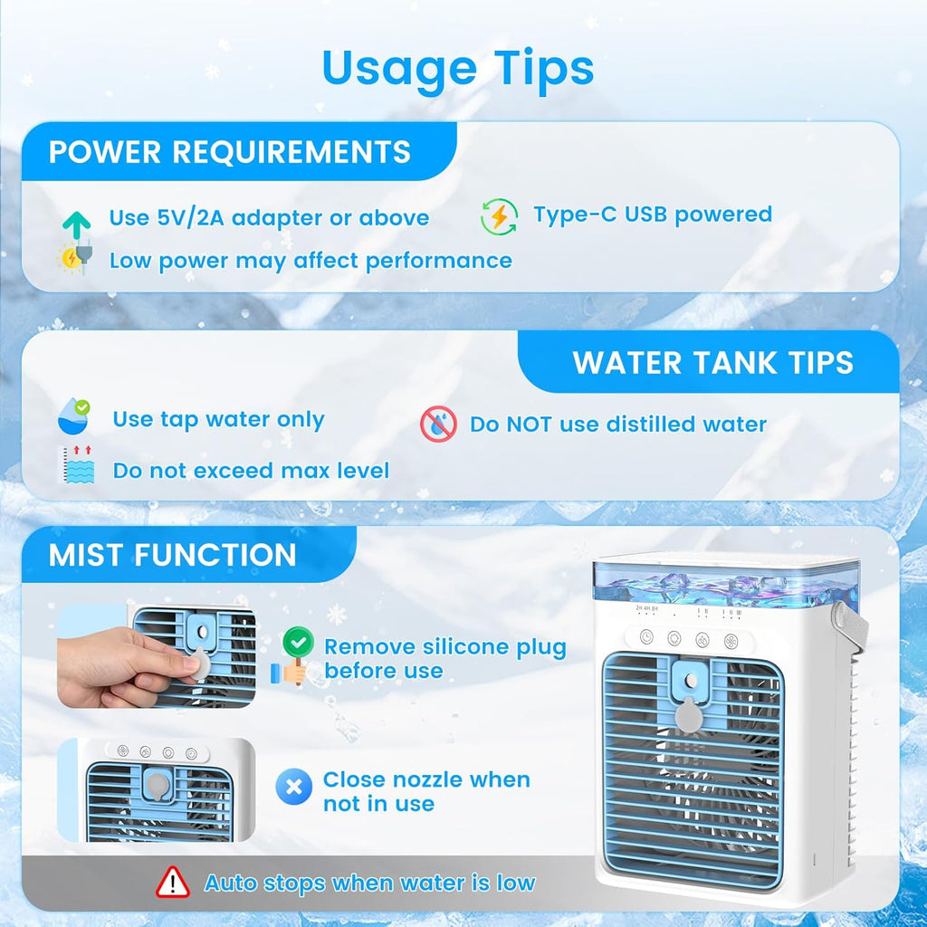  Climatiseurs Portables, Mini Climatiseur AC 4 En 1 Avec Réservoir D'eau De 1000ml, Minuterie 2/4/8H Lumière Ambiante Ventilateur Refroidisseur D'air Évaporatif Personnel Alimenté Par USB Pour Chambre