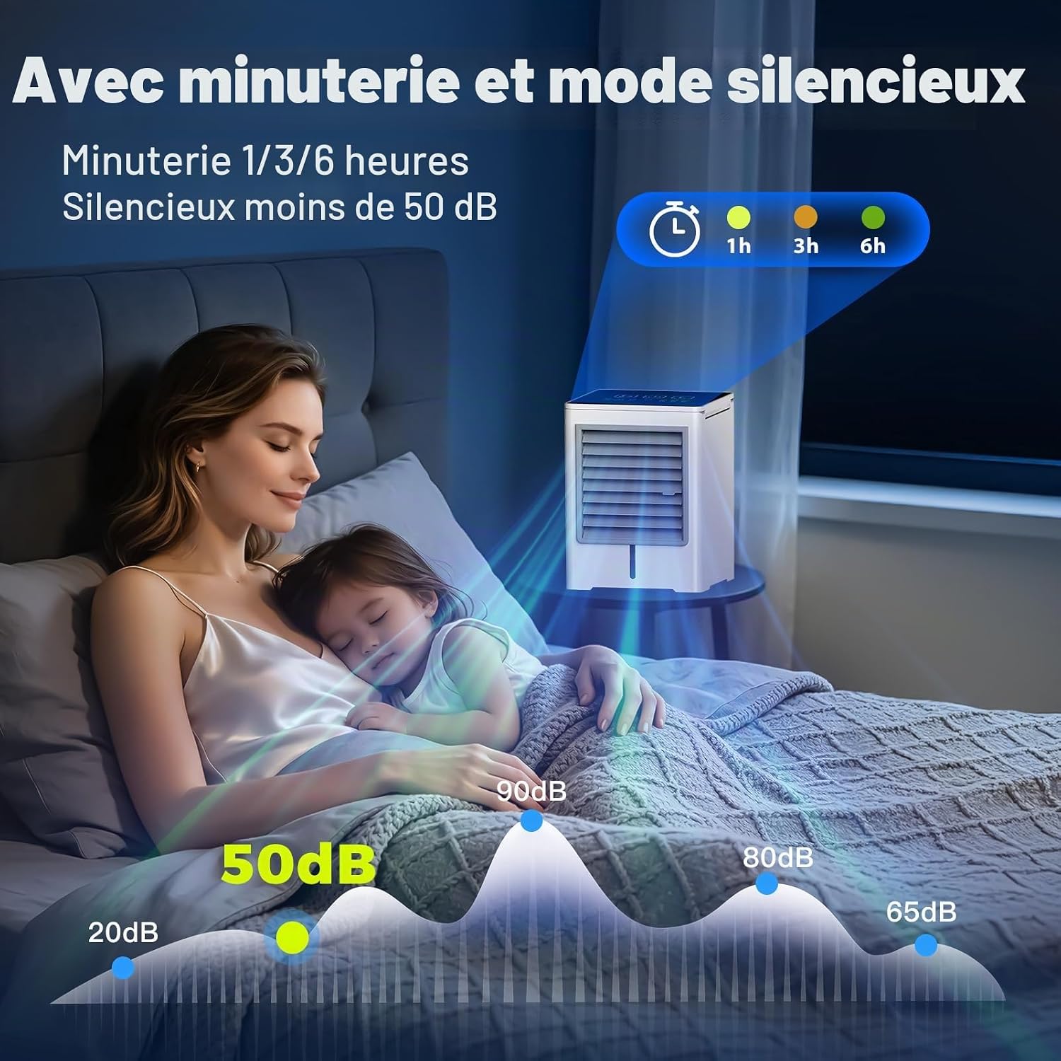  Climatiseur Mobile, 3 En 1 USB Rafraichisseur D’air Silencieux Ventilateur à Eau 470ML, 3 Vitesses, Minuterie, Écran Tactile, Rafraîchisseur D’air Sans Évacuation Pour Usage Personnel, Chambre, Bureau