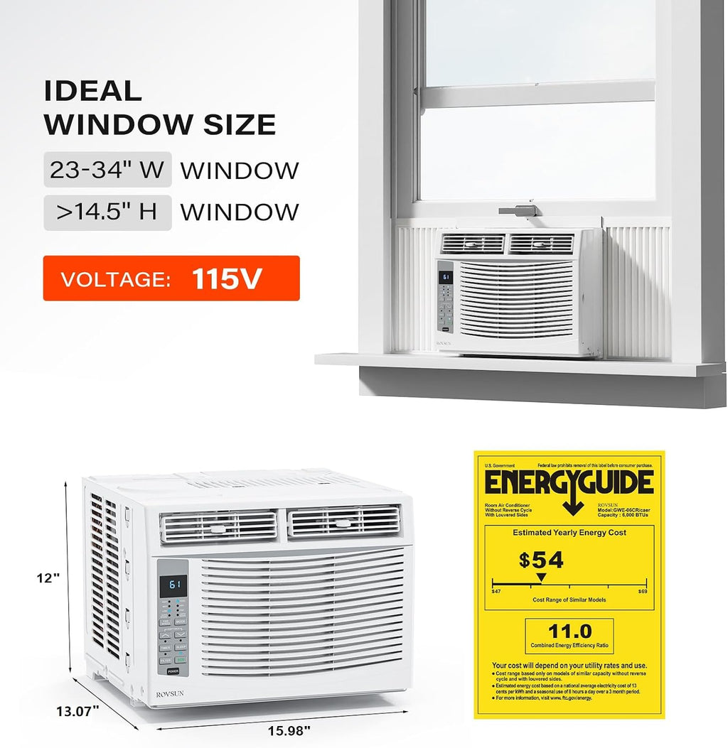  ROVSUN Climatiseur Pour Fenêtre, 6000 BTU, Télécommande Et Minuteur, Idéal Pour Les Pièces Jusqu'à 250 M², 110 V/60 Hz, Blanc