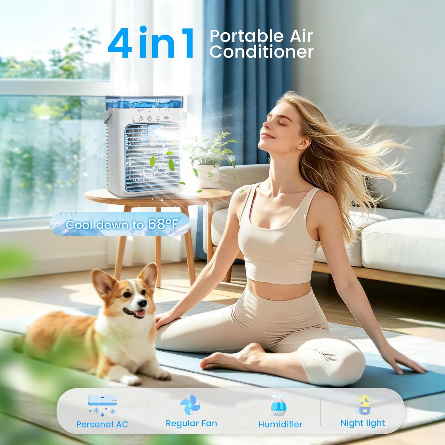  Climatiseurs Portables, Mini Climatiseur AC 4 En 1 Avec Réservoir D'eau De 1000ml, Minuterie 2/4/8H Lumière Ambiante Ventilateur Refroidisseur D'air Évaporatif Personnel Alimenté Par USB Pour Chambre