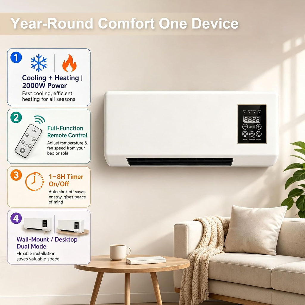  2000W 2-in-1 Portable Wall Mounted Air Conditioner, Mini Wall Mounted Air Conditioner, Fast Cooling And Heating, 8 Hours Timer For Home And Office,Gold Flower