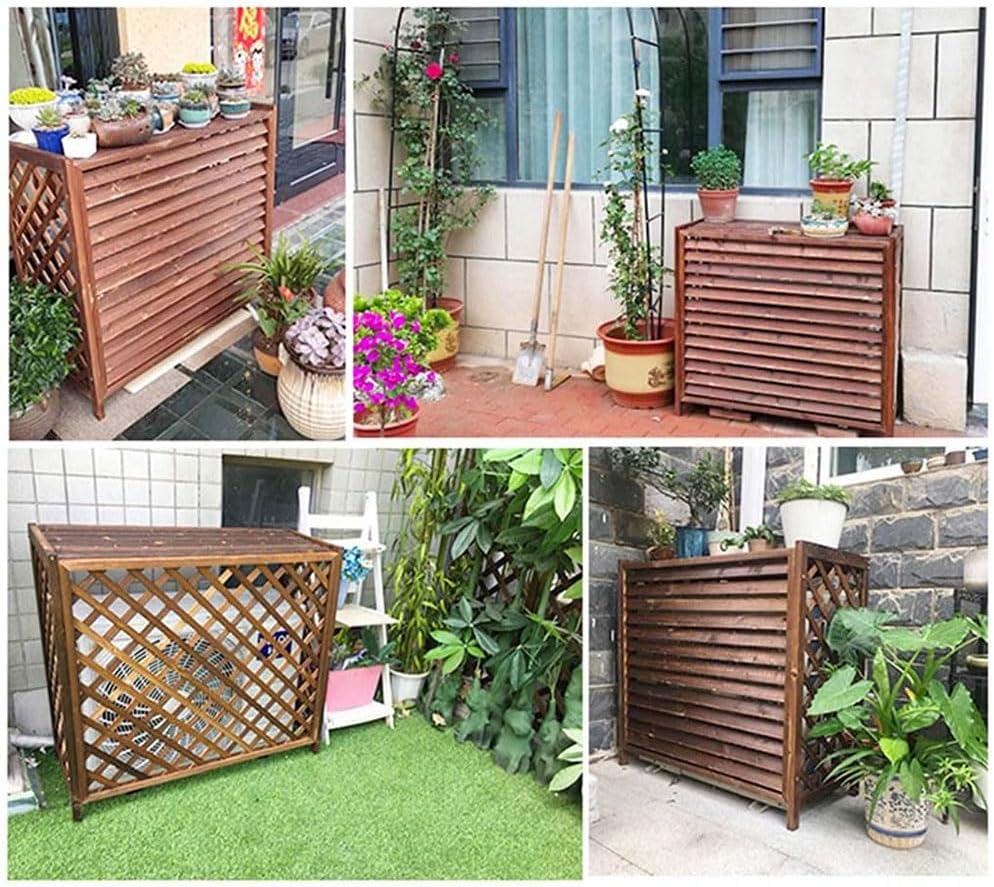  Marron Bois Massif Cache Climatiseur Exterieur Pour Unité Extérieure, Rétro Marron Climatisation Cadre Décoratif Pour Climatiseur Support Pour Plantes Et Fleurs(Small-85x35x75cm)