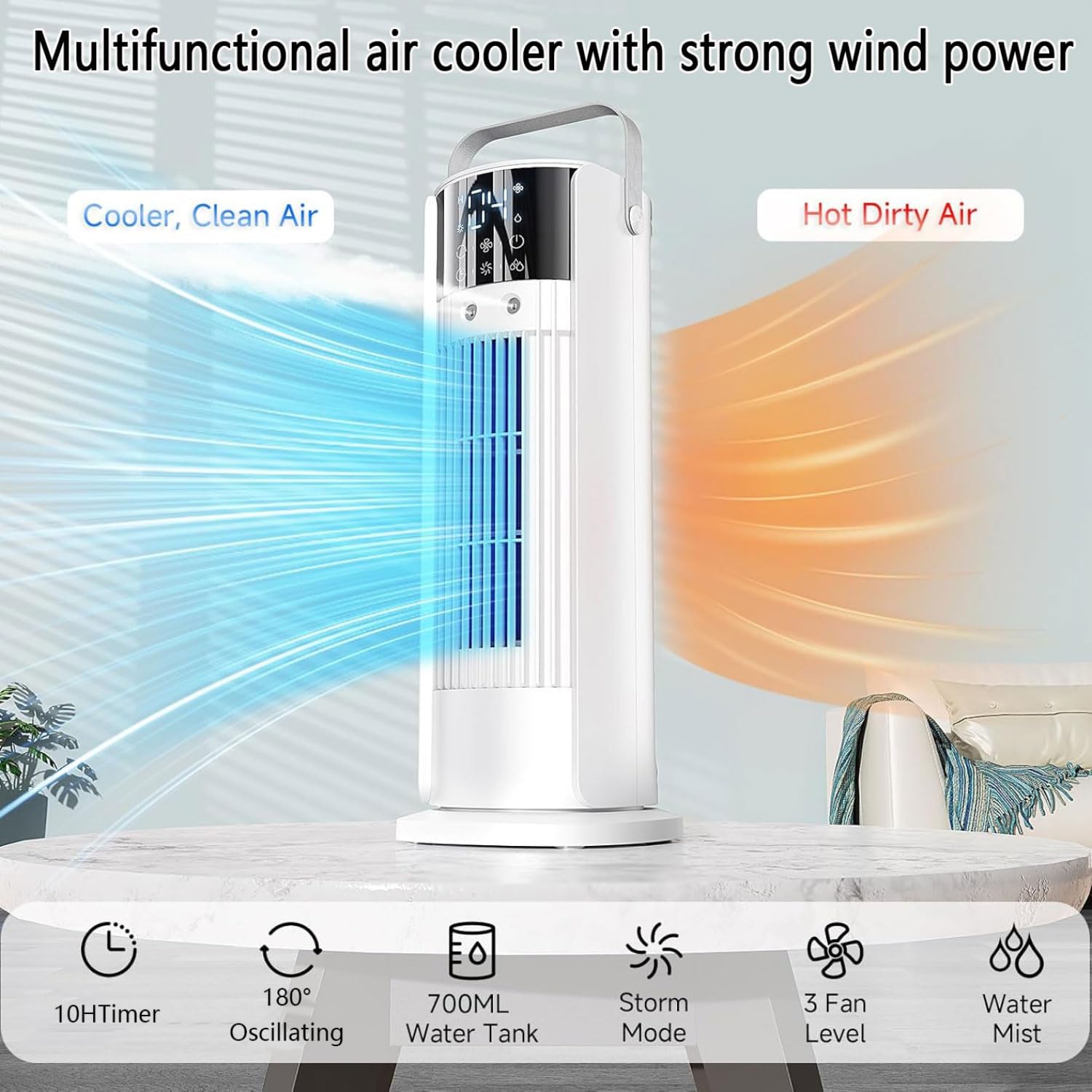 GENERIC Ventilateur De Refroidisseur D'air Portable 180 évaporatif Oscillant Avec Humidificateur De Brime à Télécommande Pour La Chambre Bureau Chambre Silencieuse 3 Vitesses Économie D'énergie Conception Com
