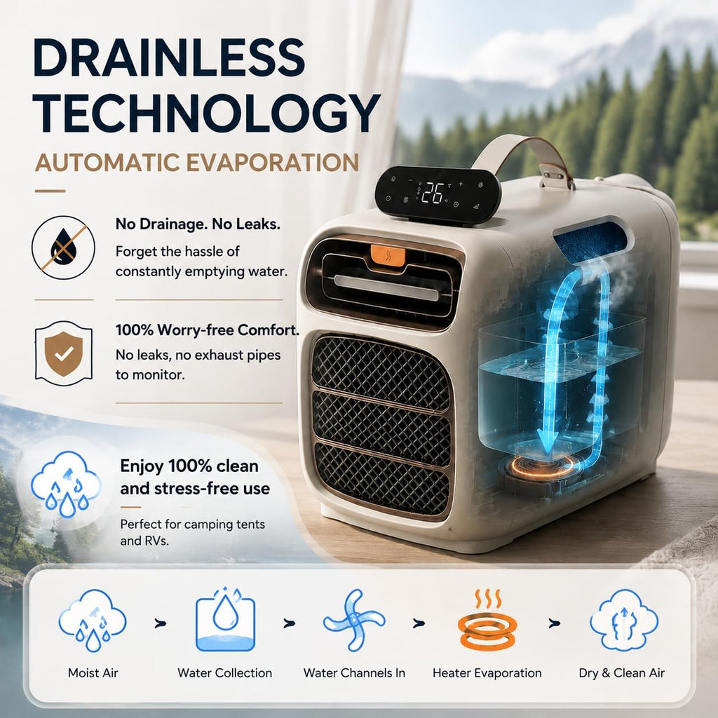  Climatiseur Portable 5200 BTU Pour Chambre Etudiant - Climatisation Mobile Réversible Chaud/Froid 4-en-1 - Audio Bluetooth Intégré Pour Studio, Tente, Camping-Car, Petit Espace