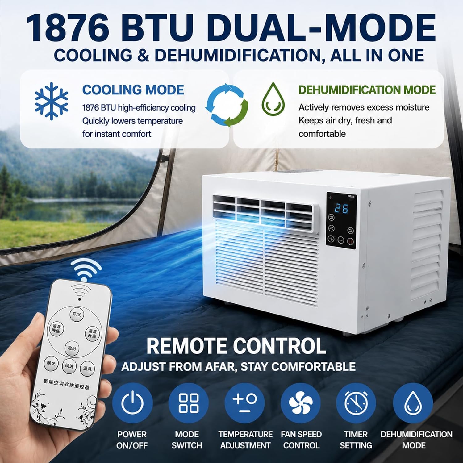 Climatiseur Portable, 1876 BTU Petit Climatiseur, 10kg Spot Cooler Compact Avec Tuyau D'Échappement, 280W Basse Puissance, Mode Double Silencieux, Minuterie, Pour Tente, Camping-Car, 1-5㎡