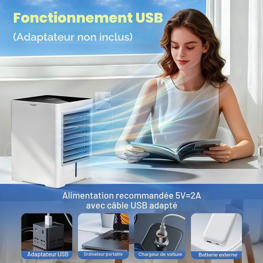  Climatiseur Mobile, 3 En 1 USB Rafraichisseur D’air Silencieux Ventilateur à Eau 470ML, 3 Vitesses, Minuterie, Écran Tactile, Rafraîchisseur D’air Sans Évacuation Pour Usage Personnel, Chambre, Bureau