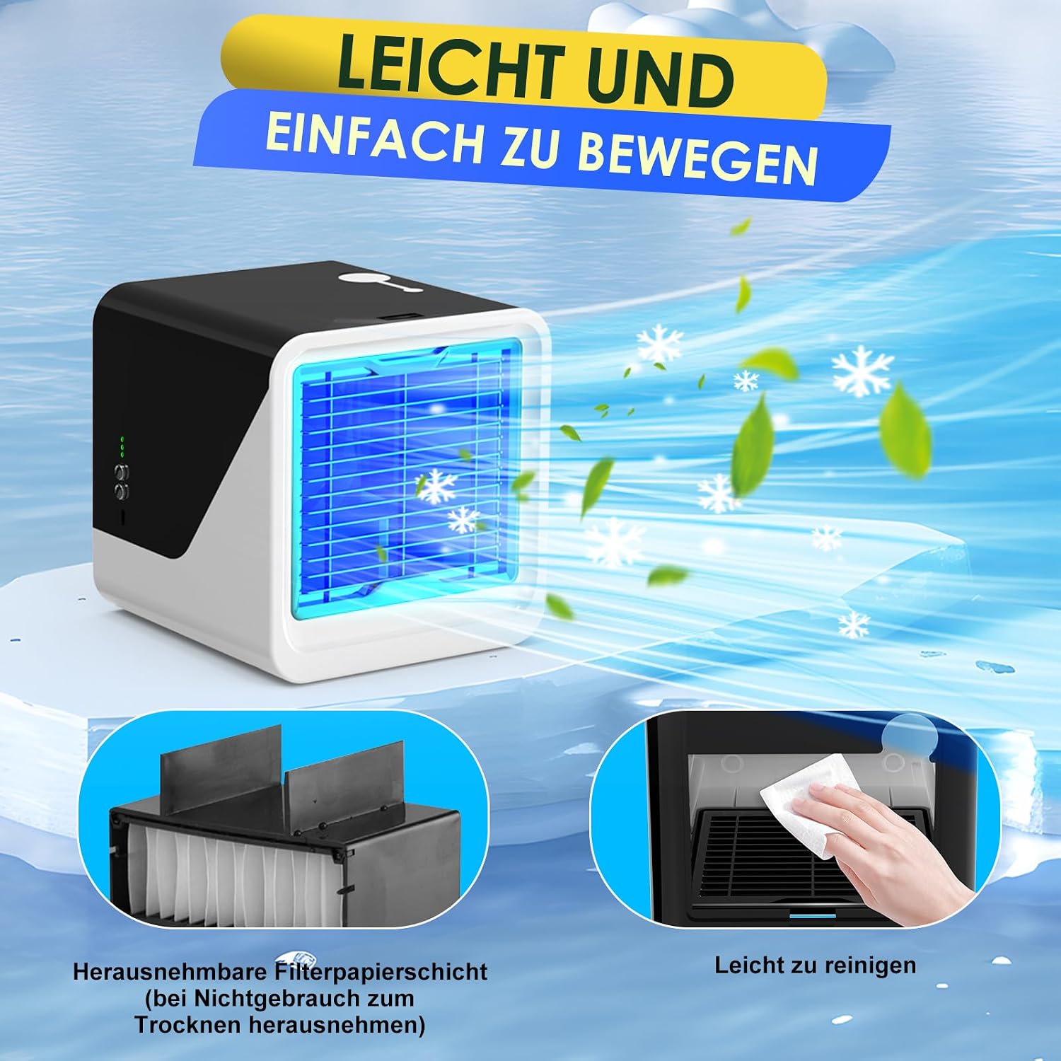  Climatiseur Mobile, 3 En 1 Mini Ventilateur Portable USB Avec Eau, 500 ML, 3 Vitesses, Sans Évacuation, Lumières 7 Couleurs, Petit Rafraichisseur D'air Pour Chambre Et Bureau (Noir)