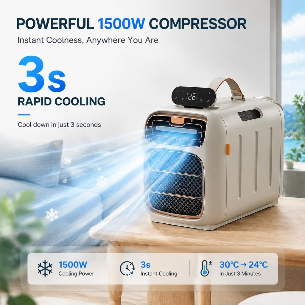  Climatiseur Portable 5200 BTU Pour Chambre Etudiant - Climatisation Mobile Réversible Chaud/Froid 4-en-1 - Audio Bluetooth Intégré Pour Studio, Tente, Camping-Car, Petit Espace