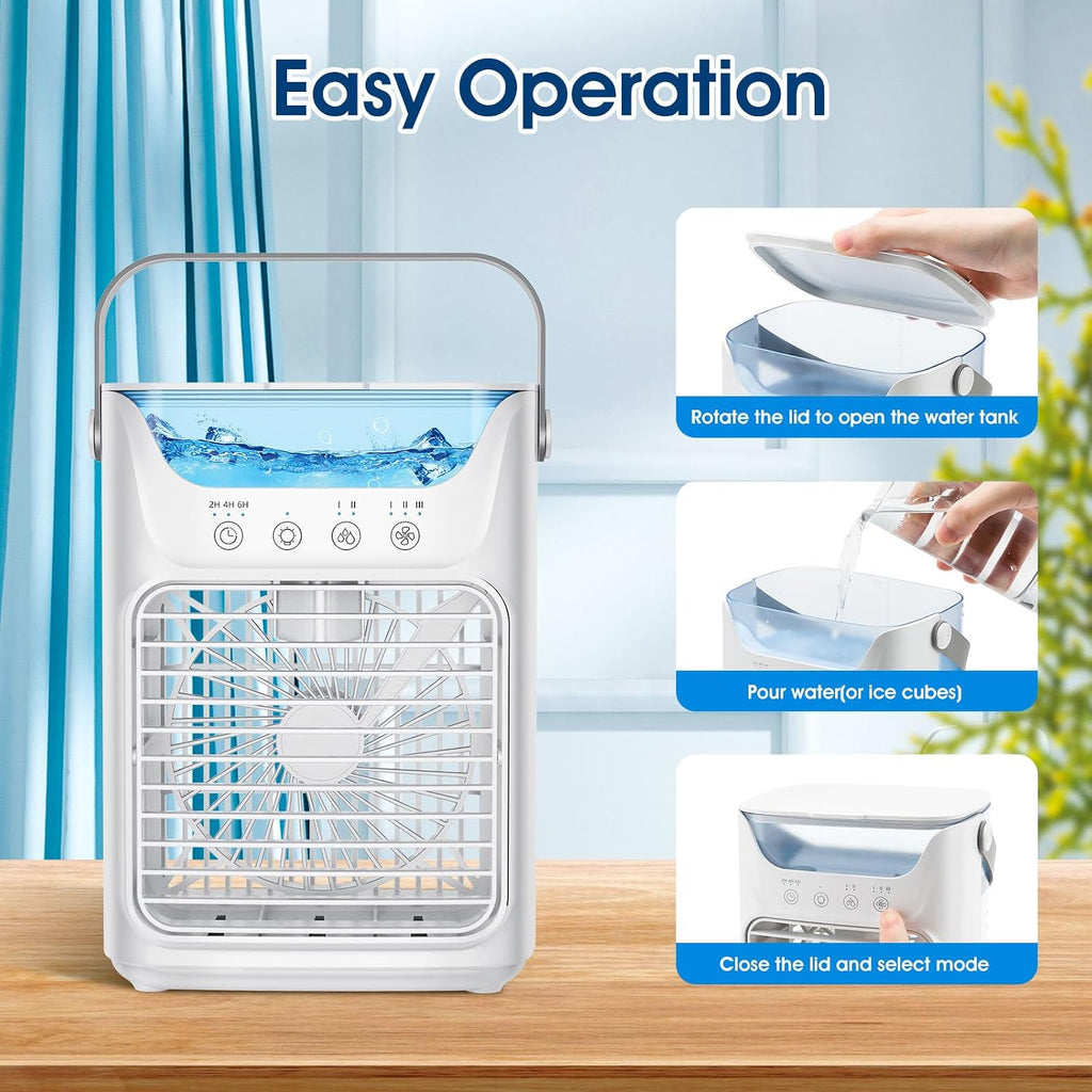  Ventilateur Portable De Climatiseurs, Refroidissement De Bureau 4 En 1 Avec Réservoir D'eau De 700ml,2/4/6H Timer, 3 Brouillard, 7 Nuit Lumière USB Refroidisseur De Charge Pour L'intérieur