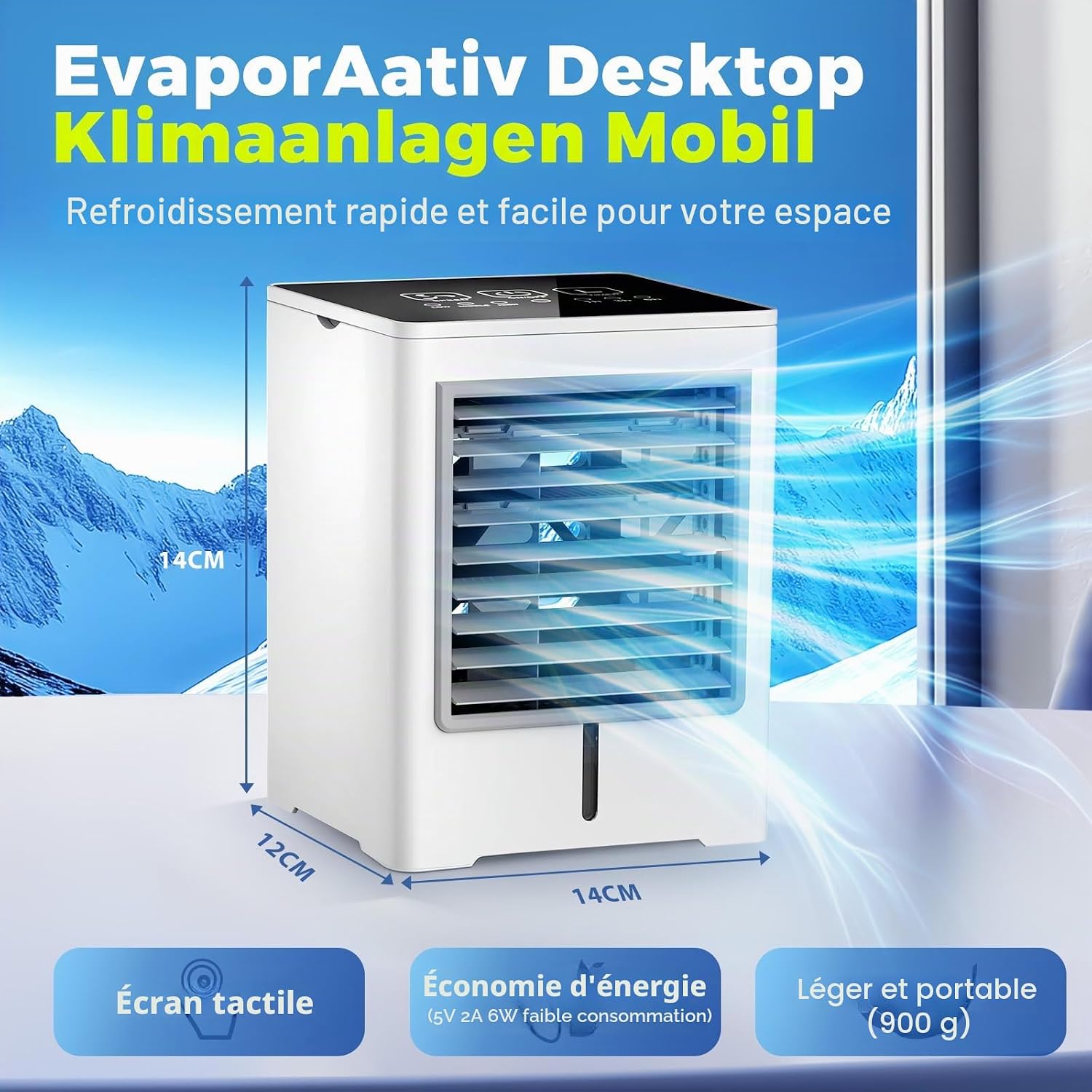  Climatiseur Mobile, 3 En 1 USB Rafraichisseur D’air Silencieux Ventilateur à Eau 470ML, 3 Vitesses, Minuterie, Écran Tactile, Rafraîchisseur D’air Sans Évacuation Pour Usage Personnel, Chambre, Bureau