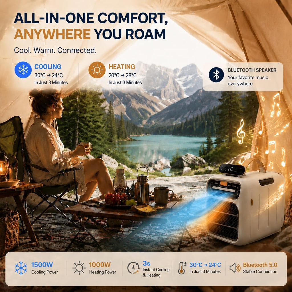  Climatiseur Portable 5200 BTU Pour Chambre Etudiant - Climatisation Mobile Réversible Chaud/Froid 4-en-1 - Audio Bluetooth Intégré Pour Studio, Tente, Camping-Car, Petit Espace