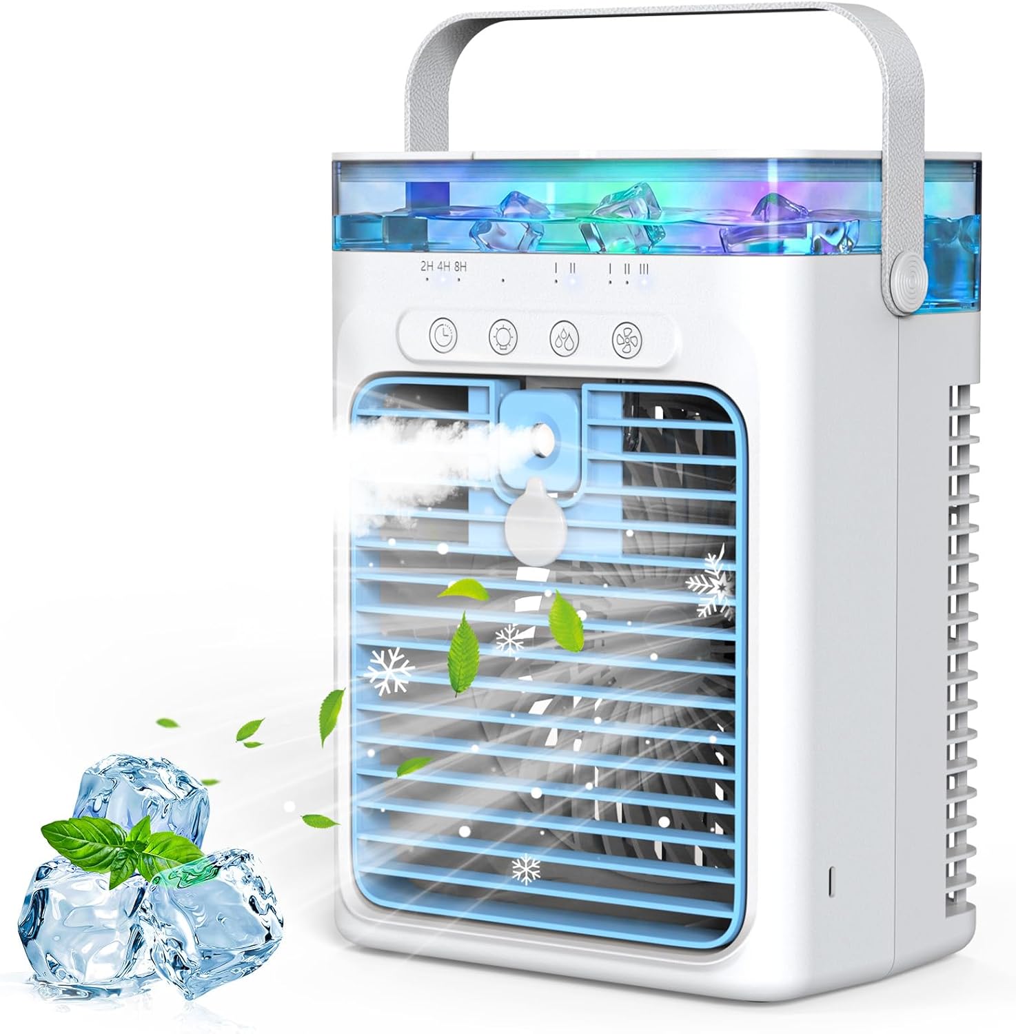  Climatiseurs Portables, Mini Climatiseur AC 4 En 1 Avec Réservoir D'eau De 1000ml, Minuterie 2/4/8H Lumière Ambiante Ventilateur Refroidisseur D'air Évaporatif Personnel Alimenté Par USB Pour Chambre