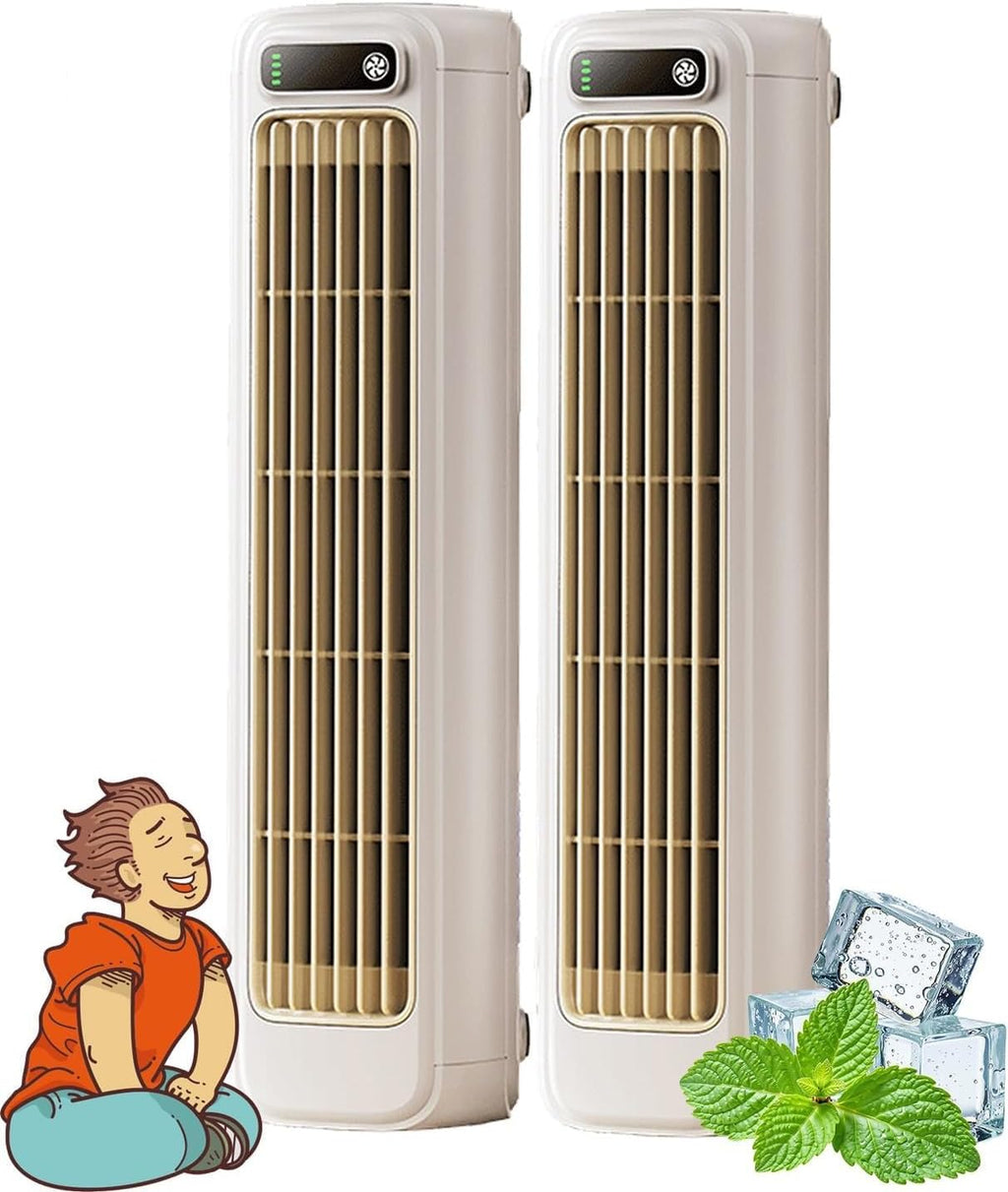  Festberg Cooling Ace Lot De 2 Ventilateurs Tour De Bureau Portable, 3 Vitesses, Ventilateur Tour De Bureau, Rechargeable Par USB, Pour Chambre à Coucher, Bureau, Maison, Restez Au Frais En été, Beige