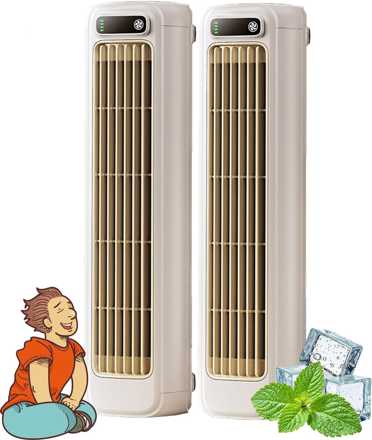  Festberg Cooling Ace Lot De 2 Ventilateurs Tour De Bureau Portable, 3 Vitesses, Ventilateur Tour De Bureau, Rechargeable Par USB, Pour Chambre à Coucher, Bureau, Maison, Restez Au Frais En été, Beige