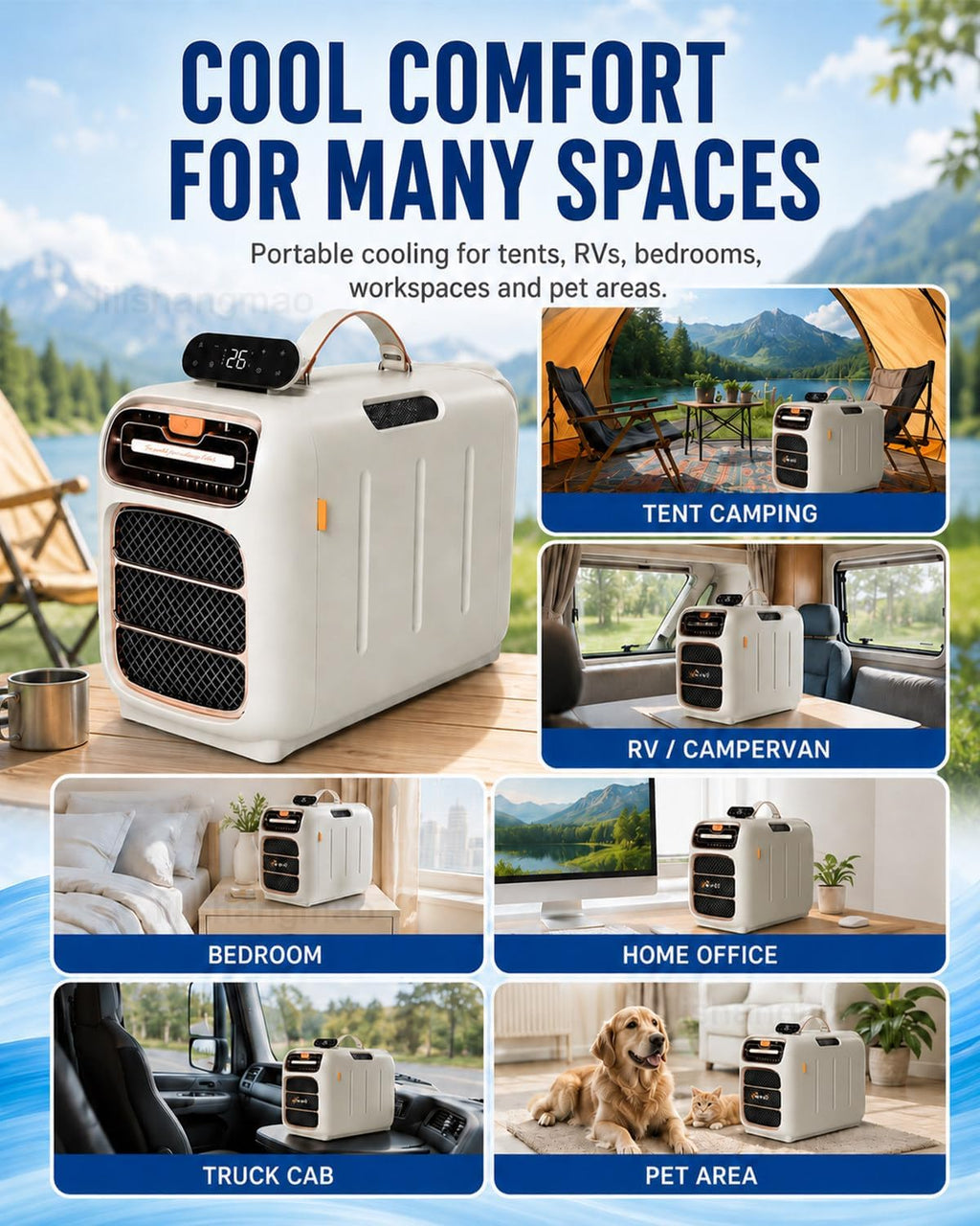  Climatiseur Mobile 4700 BTU, Climatiseur De Camping à Double Tuyau Avec 4 Modes, 3 Vitesses, Minuterie Et Télécommande Pour Tente, Van Et Caravane
