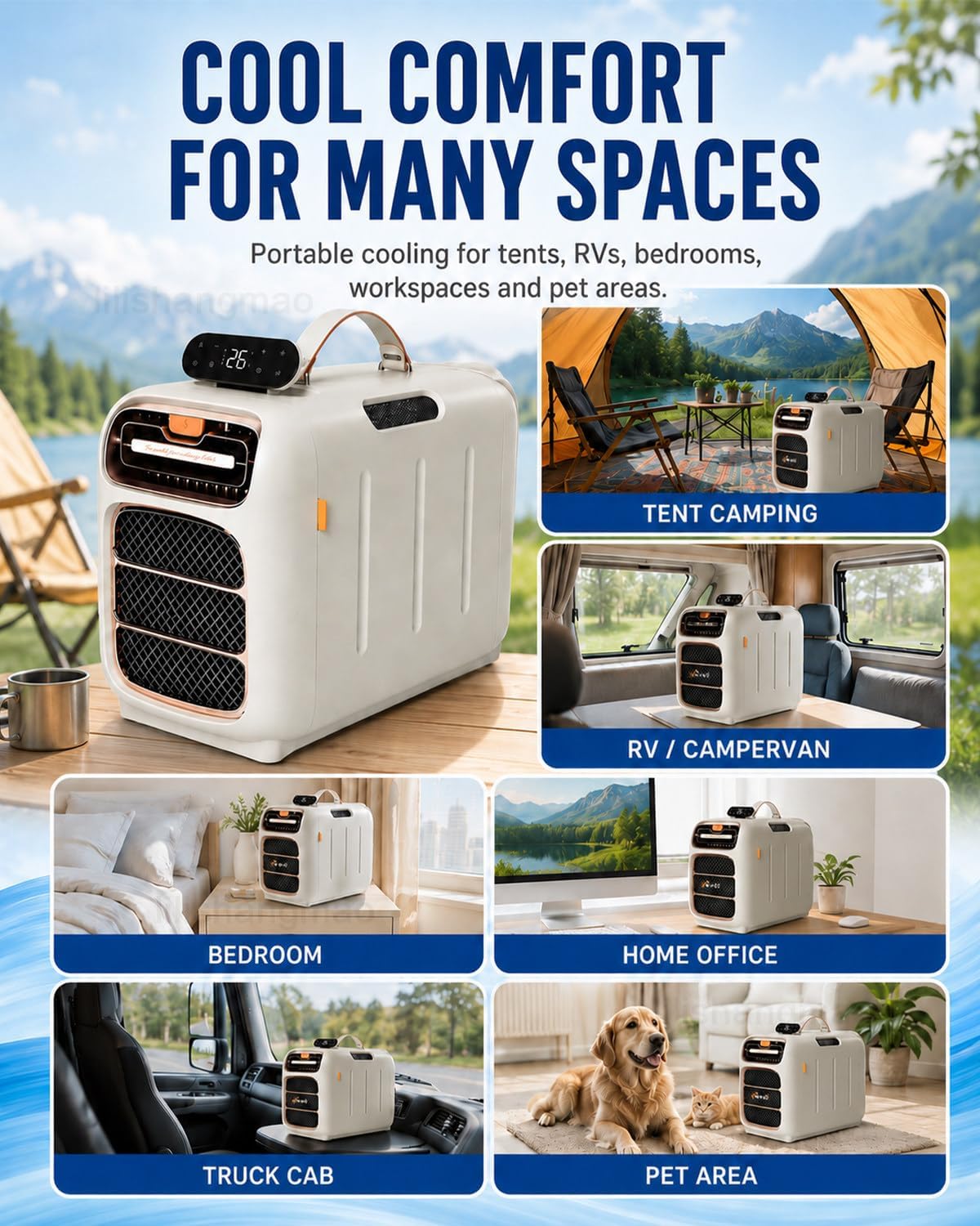  Climatiseur Mobile 4700 BTU, Climatiseur De Camping à Double Tuyau Avec 4 Modes, 3 Vitesses, Minuterie Et Télécommande Pour Tente, Van Et Caravane