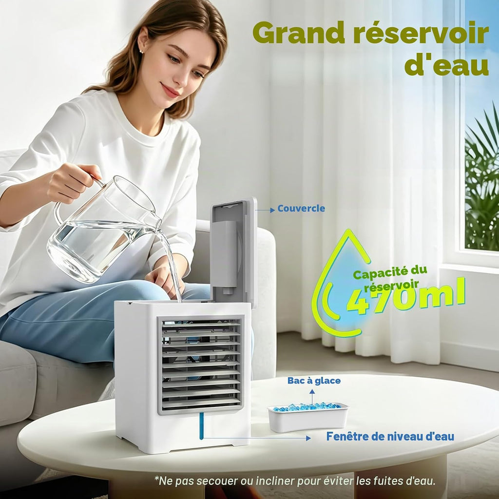  Climatiseur Mobile, 3 En 1 USB Rafraichisseur D’air Silencieux Ventilateur à Eau 470ML, 3 Vitesses, Minuterie, Écran Tactile, Rafraîchisseur D’air Sans Évacuation Pour Usage Personnel, Chambre, Bureau