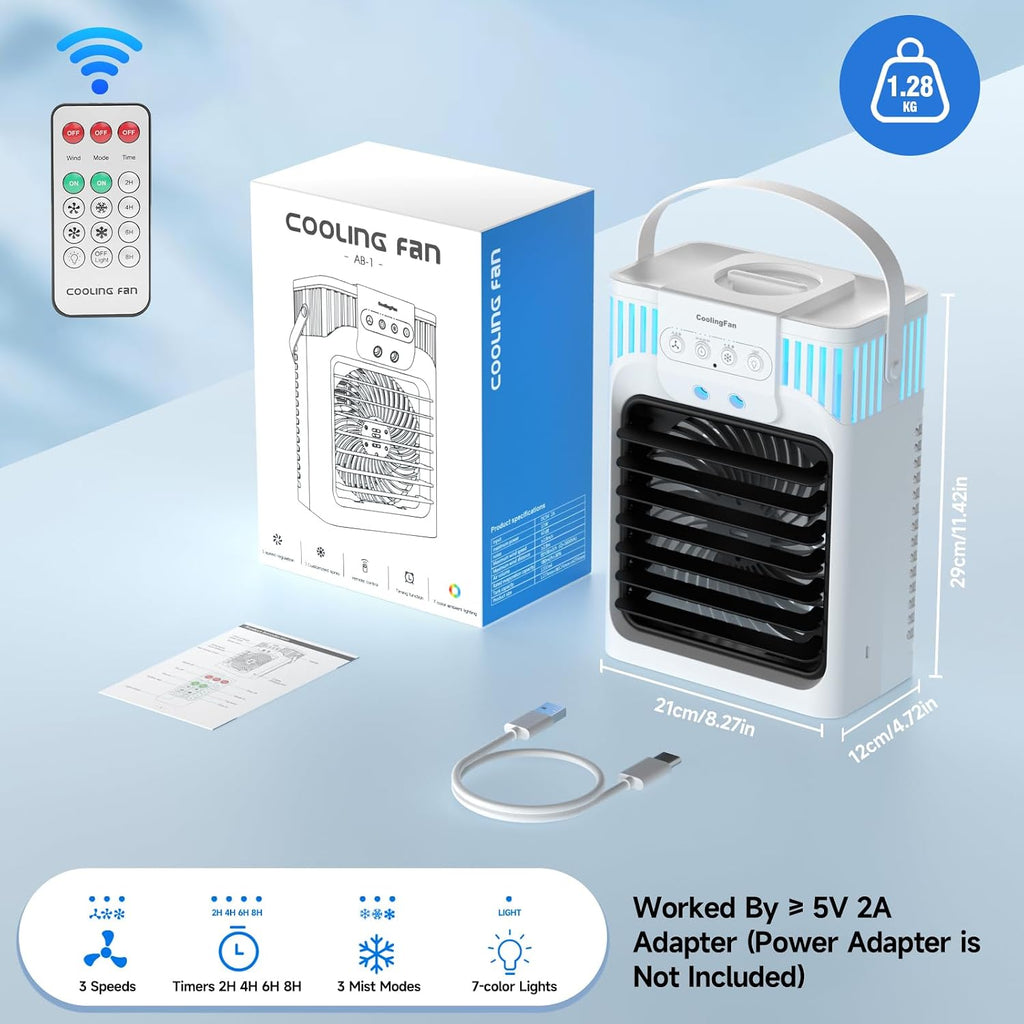  Climatiseur Mobile 1200ml Avec Télécommande, Refroidisseur D'air 5 En 1, Climatiseur Portable Avec 3 Vitesses, Veilleuse 7 Couleurs, Minuteur 2-8H, Mini Climatiseur Pour Extérieur/Intérieur