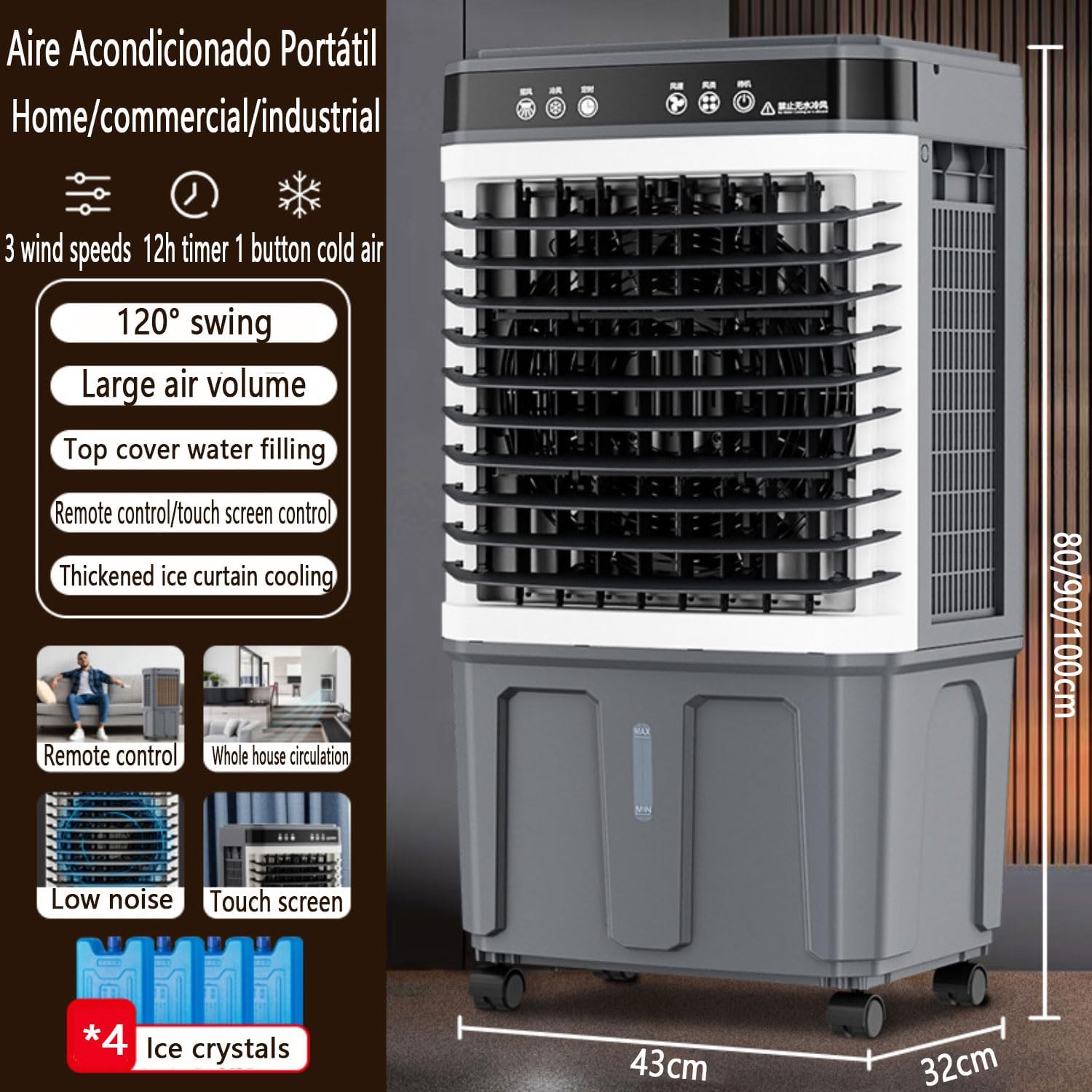 GENERIC Refroidisseur De Marais Climatiseur De Climatisation évaporatif Avec Grand Réservoir D'eau 4 Boîte à Glace à Distance 12H Minuterie 120°Oscillation Ventilateur De Refroidissement Portable Avec 3 Vites