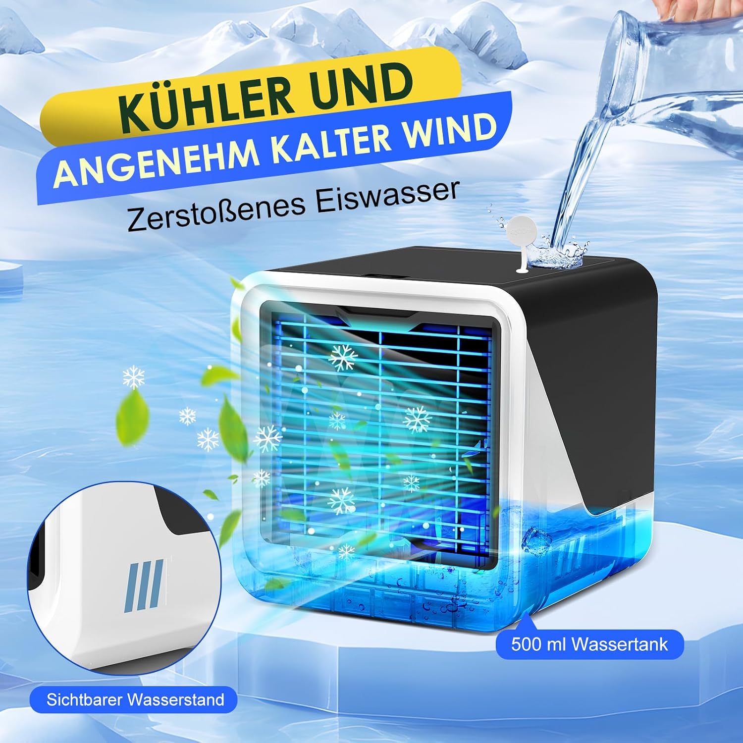  Climatiseur Mobile, 3 En 1 Mini Ventilateur Portable USB Avec Eau, 500 ML, 3 Vitesses, Sans Évacuation, Lumières 7 Couleurs, Petit Rafraichisseur D'air Pour Chambre Et Bureau (Noir)