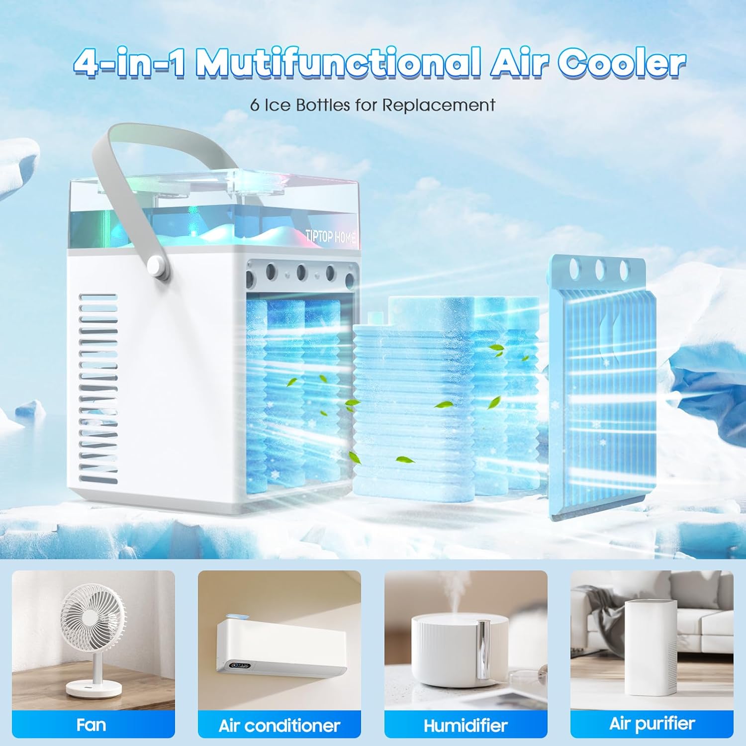  Climatiseur Portable USB Mini Brume Fraîche Refroidisseur D'Air 5 En 1 Ventilateur Humidificateur Mobile Sans Évacuation 800ML Air Cooler Fan Écologique Et Silencieux