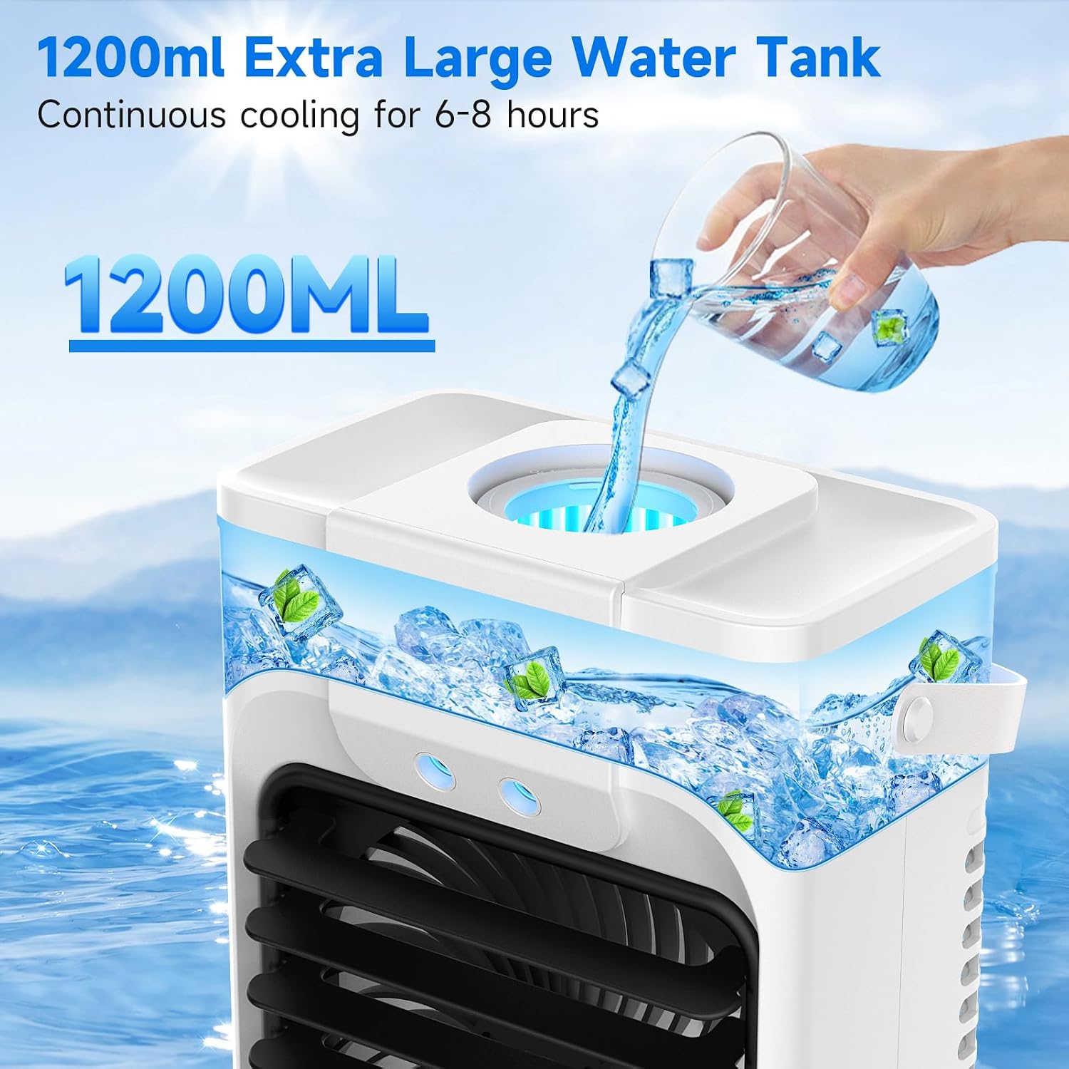  Climatiseur Mobile 1200ml Avec Télécommande, Refroidisseur D'air 5 En 1, Climatiseur Portable Avec 3 Vitesses, Veilleuse 7 Couleurs, Minuteur 2-8H, Mini Climatiseur Pour Extérieur/Intérieur