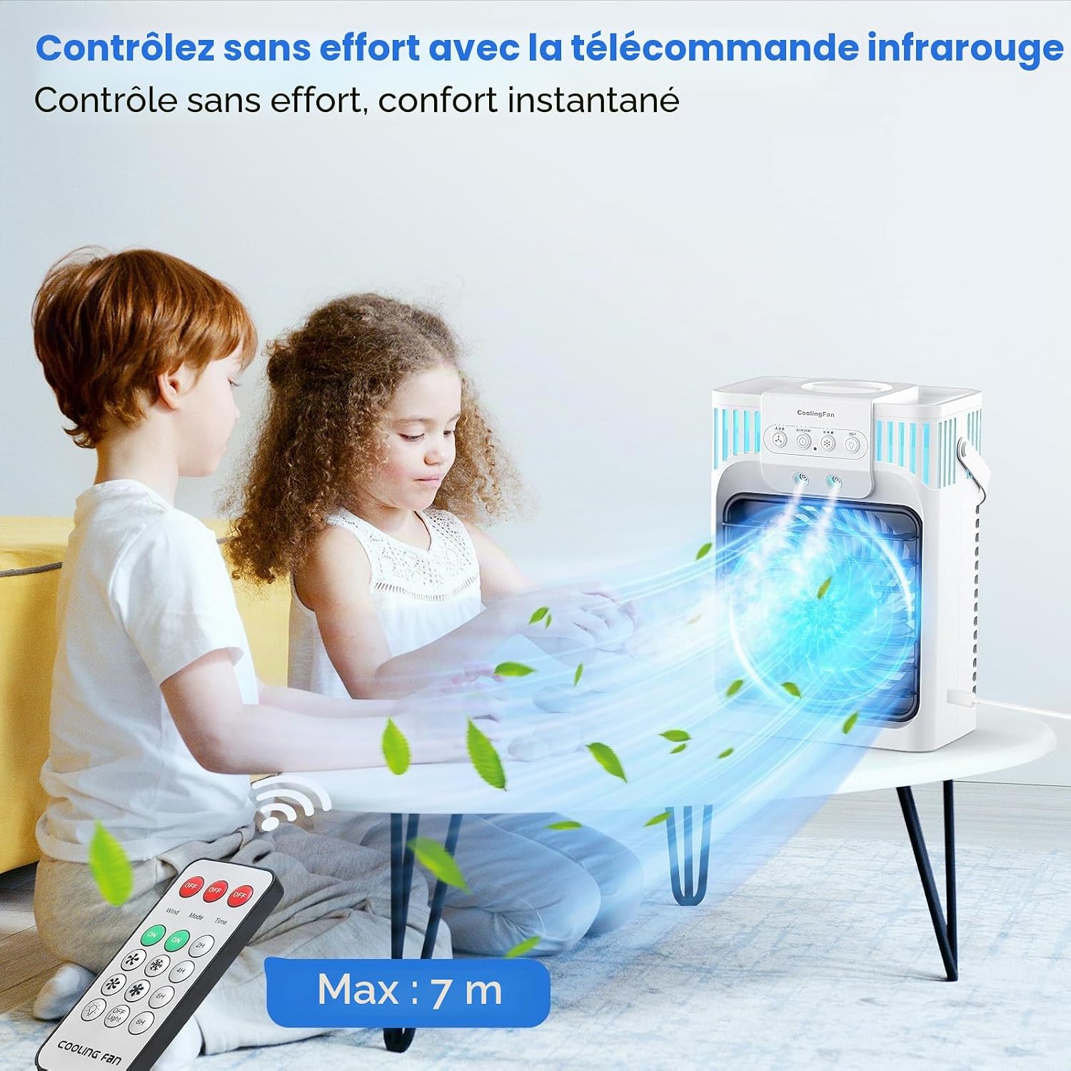  Climatiseur Mobile 1200ml Avec Télécommande, Refroidisseur D'air 5 En 1, Climatiseur Portable Avec 3 Vitesses, Veilleuse 7 Couleurs, Minuteur 2-8H, Mini Climatiseur Pour Extérieur/Intérieur