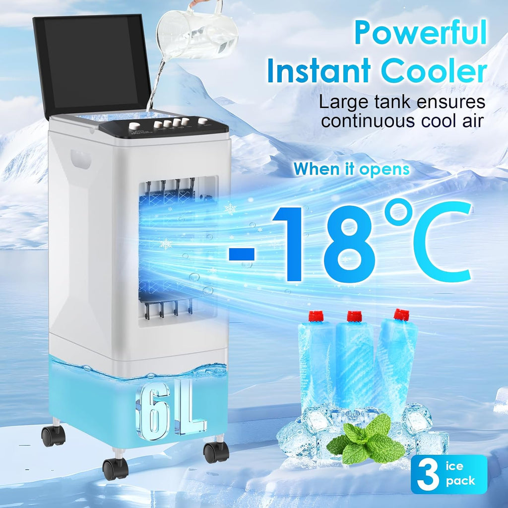 GENERIC Ventilateur De Refroidisseur D'air Portable 3-en-1 Refroidissement Par évaporation Avec Réservoir 6L Et Packs De Glace 35dB Silencieux 60°Oscillation Pour La Chambre De Bureau à La Maison Pet-Friendly