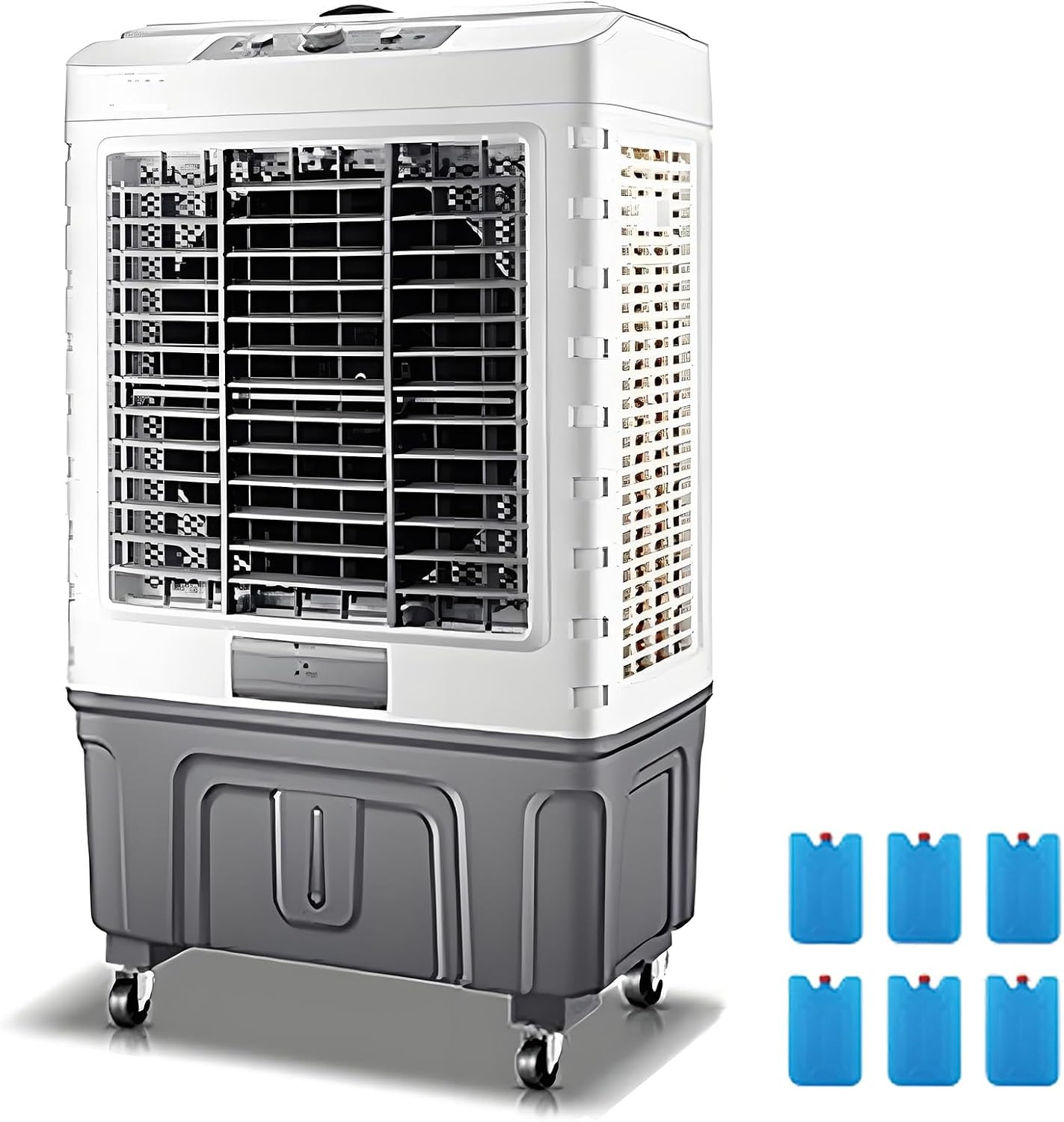 Climatiseur Mobile, Rafraichisseur D'air Avec Réservoir D'eau De 49 L, 3 Vitesses, Oscillation à 120°, 6 Accus De Froid, Climatiseur Sans Évacuation Pour La Maison Et Le Commerce, 102cm
