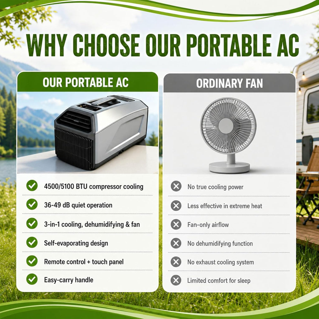  Climatiseur Mobile 3 En 1, 4500/5100 Btu, Idéal Pour Le Camping (Tente, Camping-Car, Fourgon Aménagé), Auto-Évaporateur, Minuterie 24 H, Télécommande, Fonctionnement Silencieux 1300W