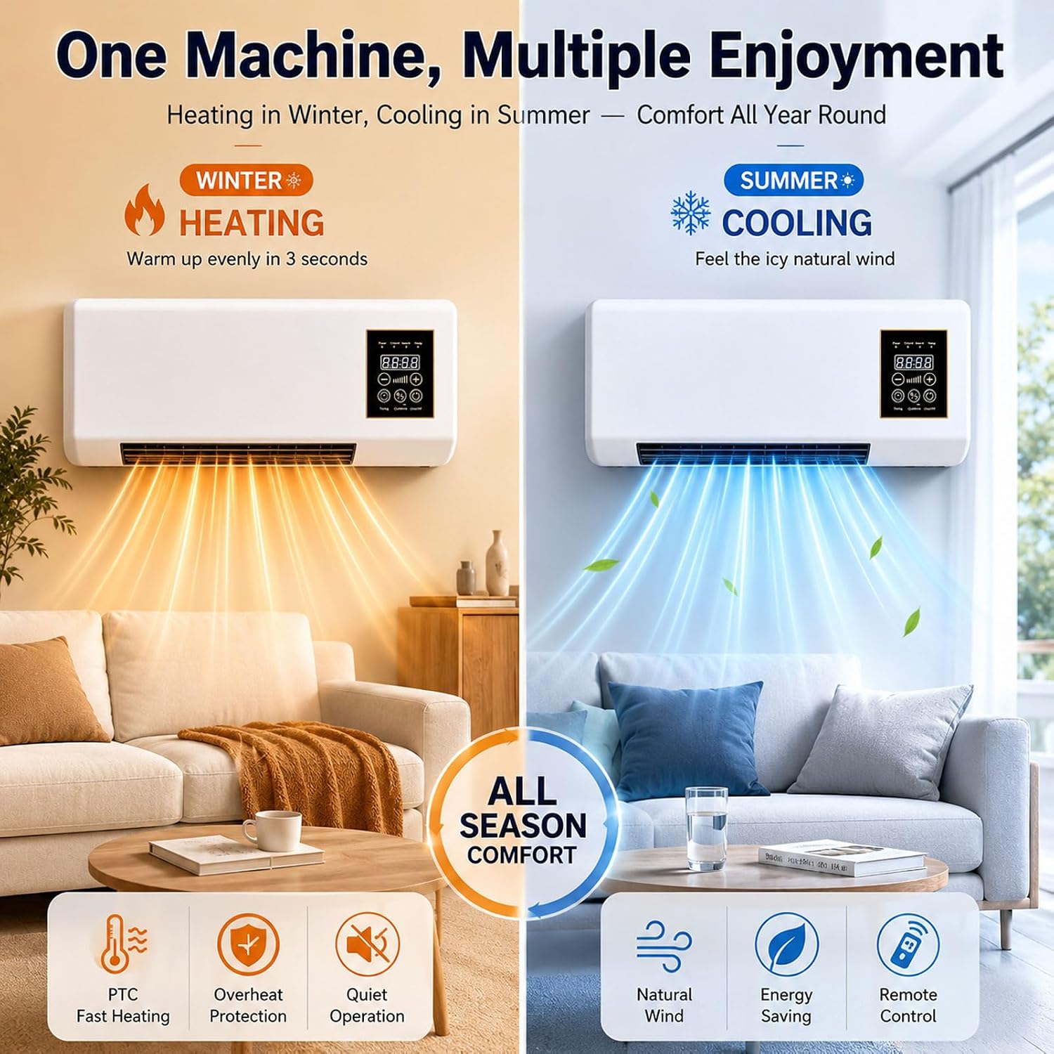  2000W 2-in-1 Portable Wall Mounted Air Conditioner, Mini Wall Mounted Air Conditioner, Fast Cooling And Heating, 8 Hours Timer For Home And Office,Gold Flower