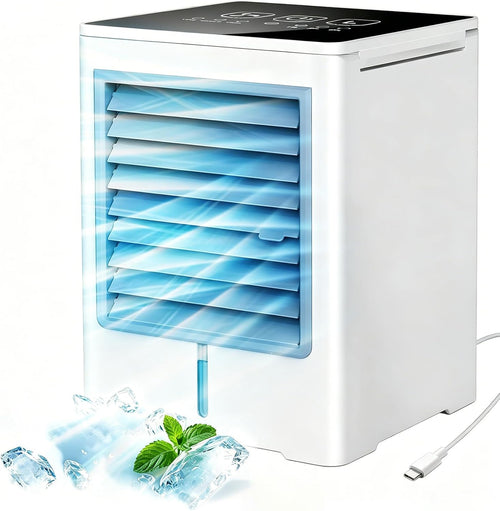  Climatiseur Mobile, 3 En 1 USB Rafraichisseur D’air Silencieux Ventilateur à Eau 470ML, 3 Vitesses, Minuterie, Écran Tactile, Rafraîchisseur D’air Sans Évacuation Pour Usage Personnel, Chambre, Bureau