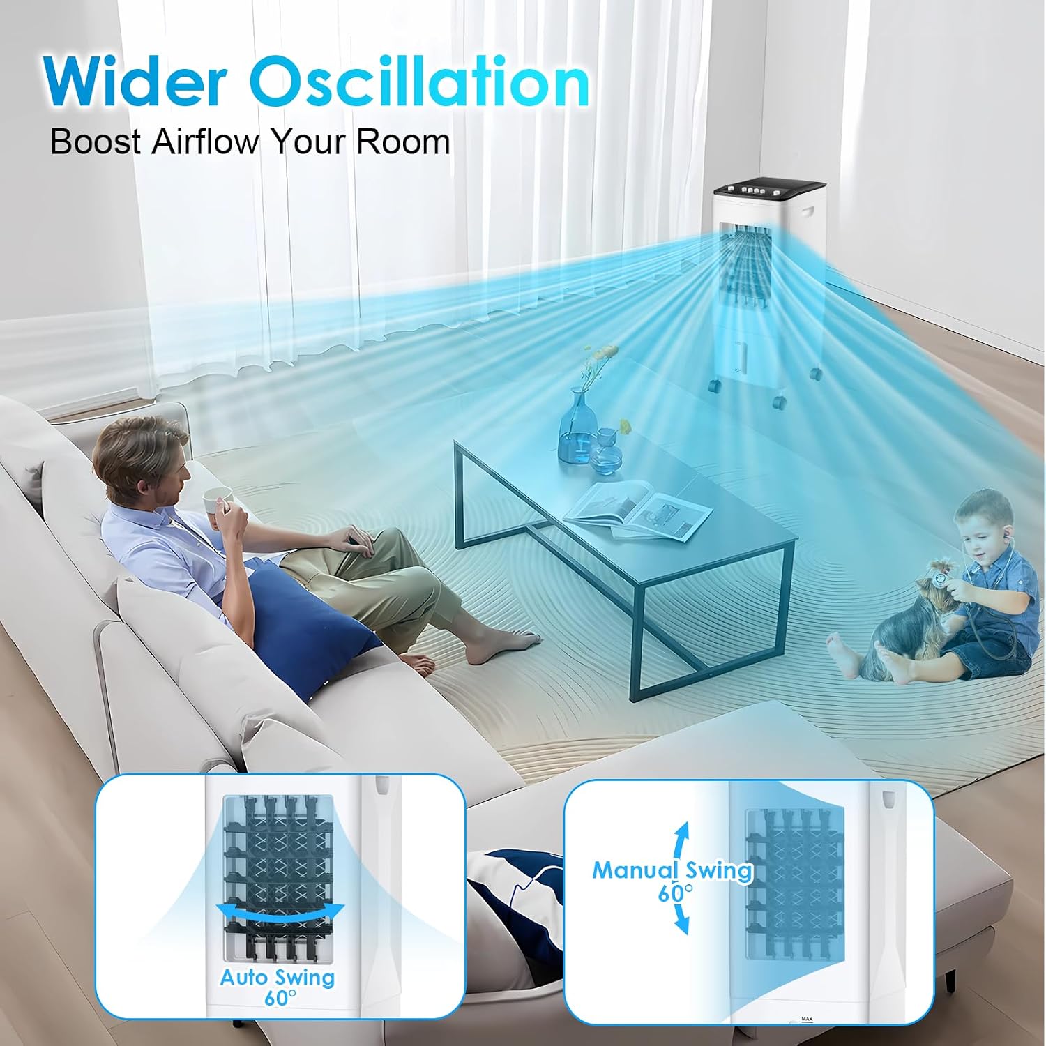 GENERIC Ventilateur De Refroidisseur D'air Portable 3-en-1 Refroidissement Par évaporation Avec Réservoir 6L Et Packs De Glace 35dB Silencieux 60°Oscillation Pour La Chambre De Bureau à La Maison Pet-Friendly