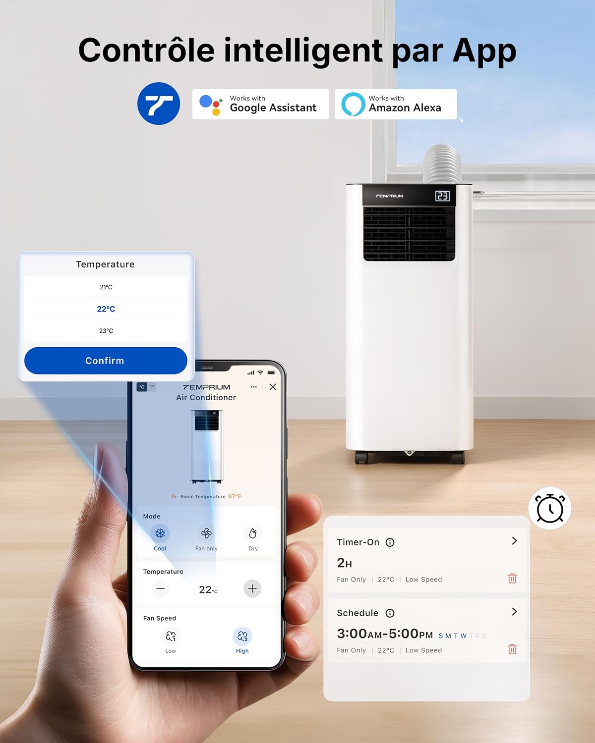  Climatiseur Mobile 7000 BTU, 3-en-1 Écoénergétique Climatiseur Portable, Kit Fenêtre Inclus, Contrôle Via Application/Télécommande, Silencieux <48 DB, Minuterie 24 H, Idéal Pour Pièces Jusqu’à 20 M²