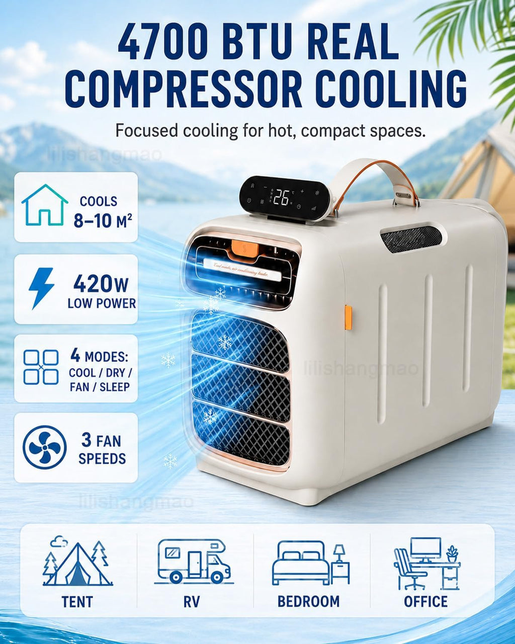  Climatiseur Mobile 4700 BTU, Climatiseur De Camping à Double Tuyau Avec 4 Modes, 3 Vitesses, Minuterie Et Télécommande Pour Tente, Van Et Caravane