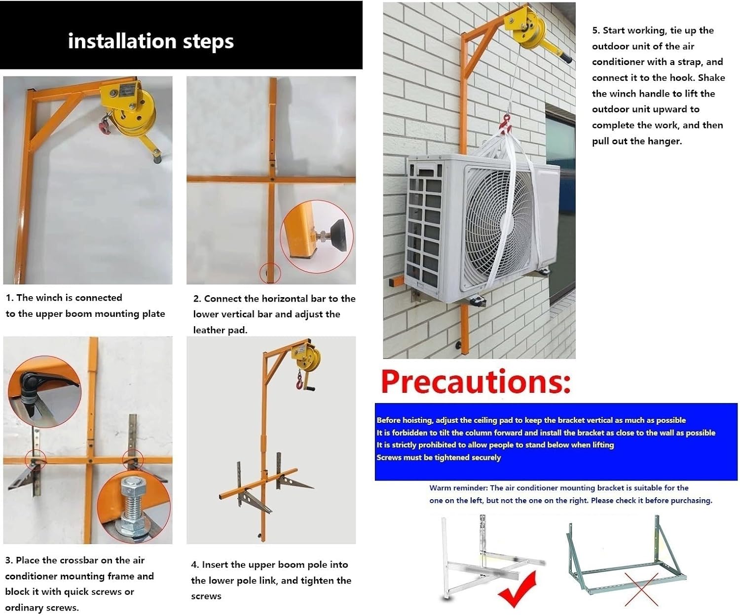  Kit De Levage De Climatiseur Robuste – Treuil Manuel Et Support Pour Une Installation Facile Du Climatiseur (capacité De 300 Kg) – Treuil Autobloquant De 15 M Inclus