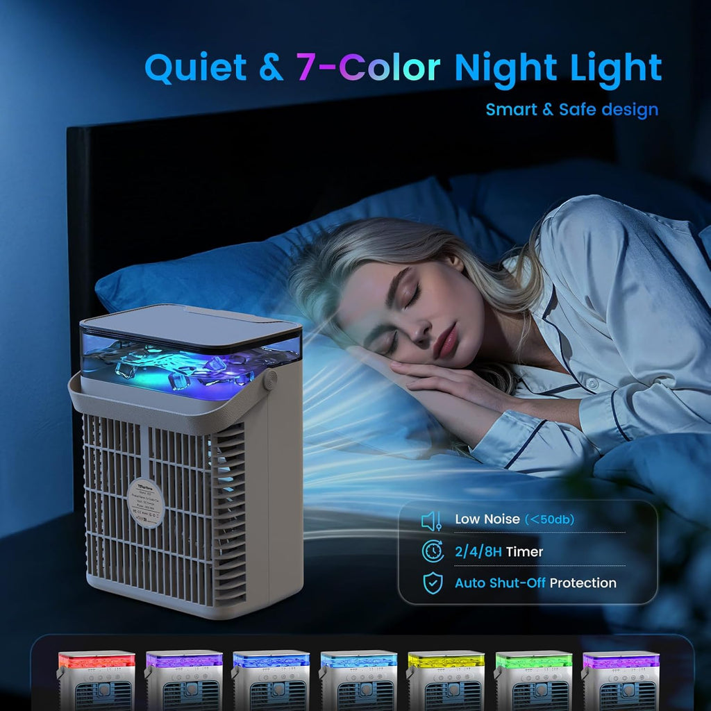  Climatiseurs Portables, Mini Climatiseur AC 4 En 1 Avec Réservoir D'eau De 1000ml, Minuterie 2/4/8H Lumière Ambiante Ventilateur Refroidisseur D'air Évaporatif Personnel Alimenté Par USB Pour Chambre
