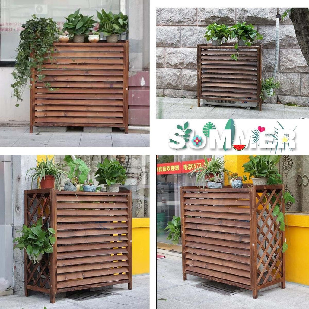  Housse En Bois Pour Climatiseur D'extérieur – Design élégant à Persiennes En Bois Massif Et Support De Fleurs 4 (taille M : 100 X 43 X 94 Cm)