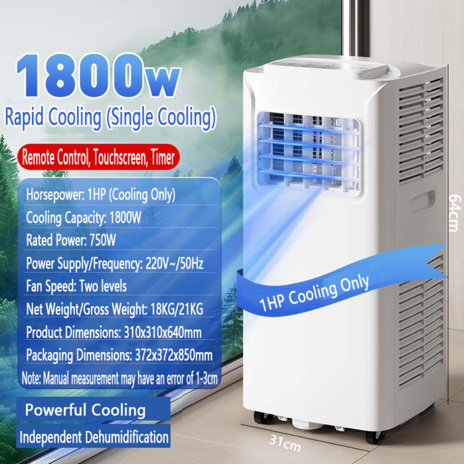  7000 BTU Climatiseur Portable Refroidit 300sq. Ft Smart AC Unité Avec Télécommande, Refroidissement Et Déshumidificateur Et Ventilateur, 24H Minuterie, Oscillation De 120 °