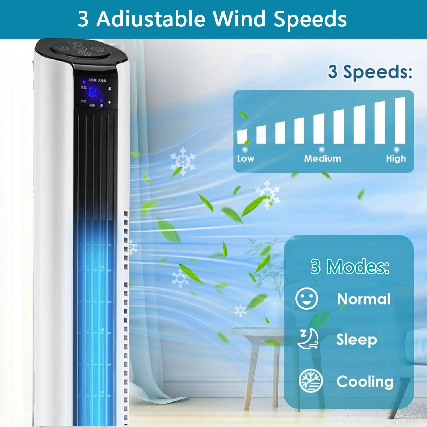 Ventilateur De Tour Silencieux Avec Télécommande, 3 Vitesses Et Minuterie 12H, Circulateur D'air Oscillant à 60 ° Pour Chambre à Coucher, Bureau.Conception Portable Mince Avec Poignée De Transport Fac