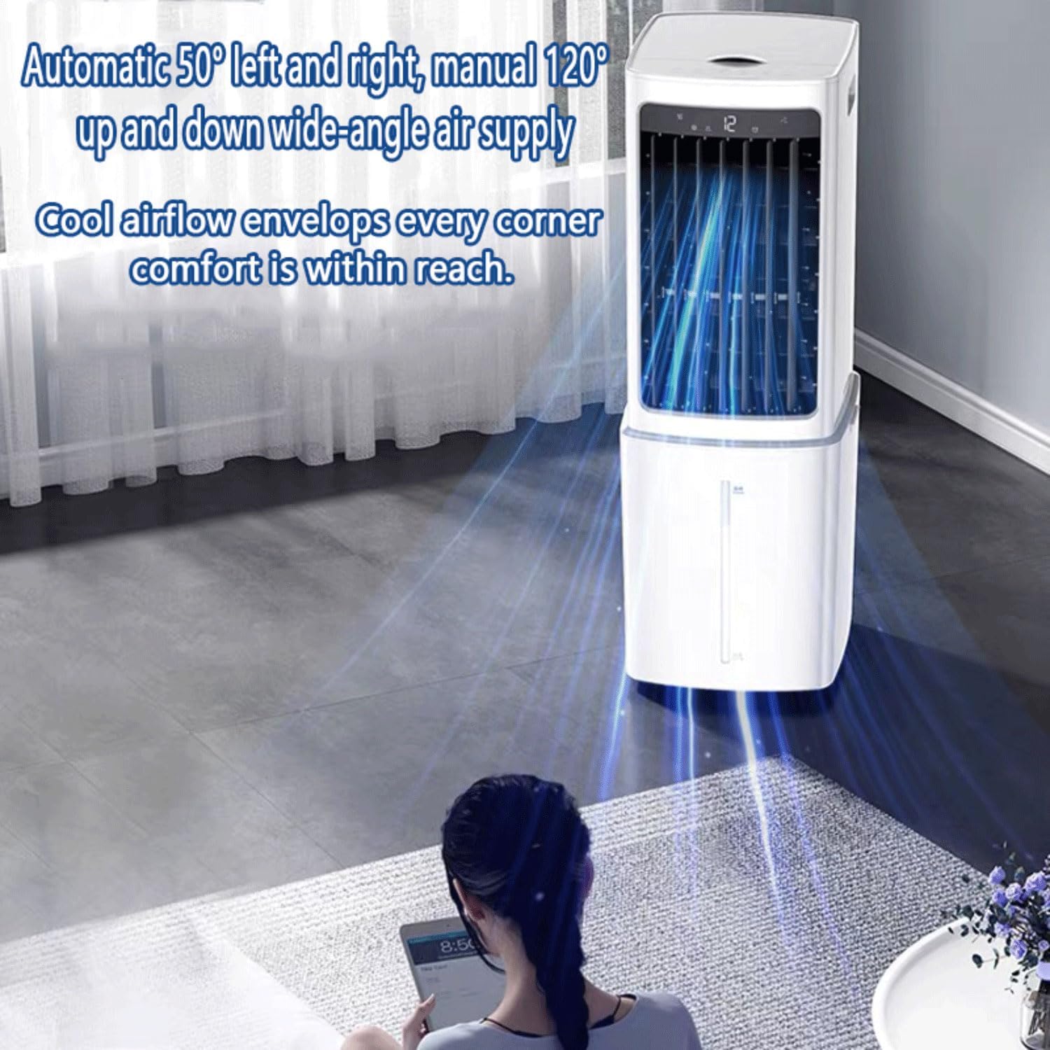 GENERIC Refroidisseur évaporatif Silencieux 12L, 3 Modes Et Minuterie, 7.5h Minuteur, Oscillation 50° Avec 2 Sacs De Glace, Portable Et économe En énergie Pour Un Refroidissement Confortable à La Maison