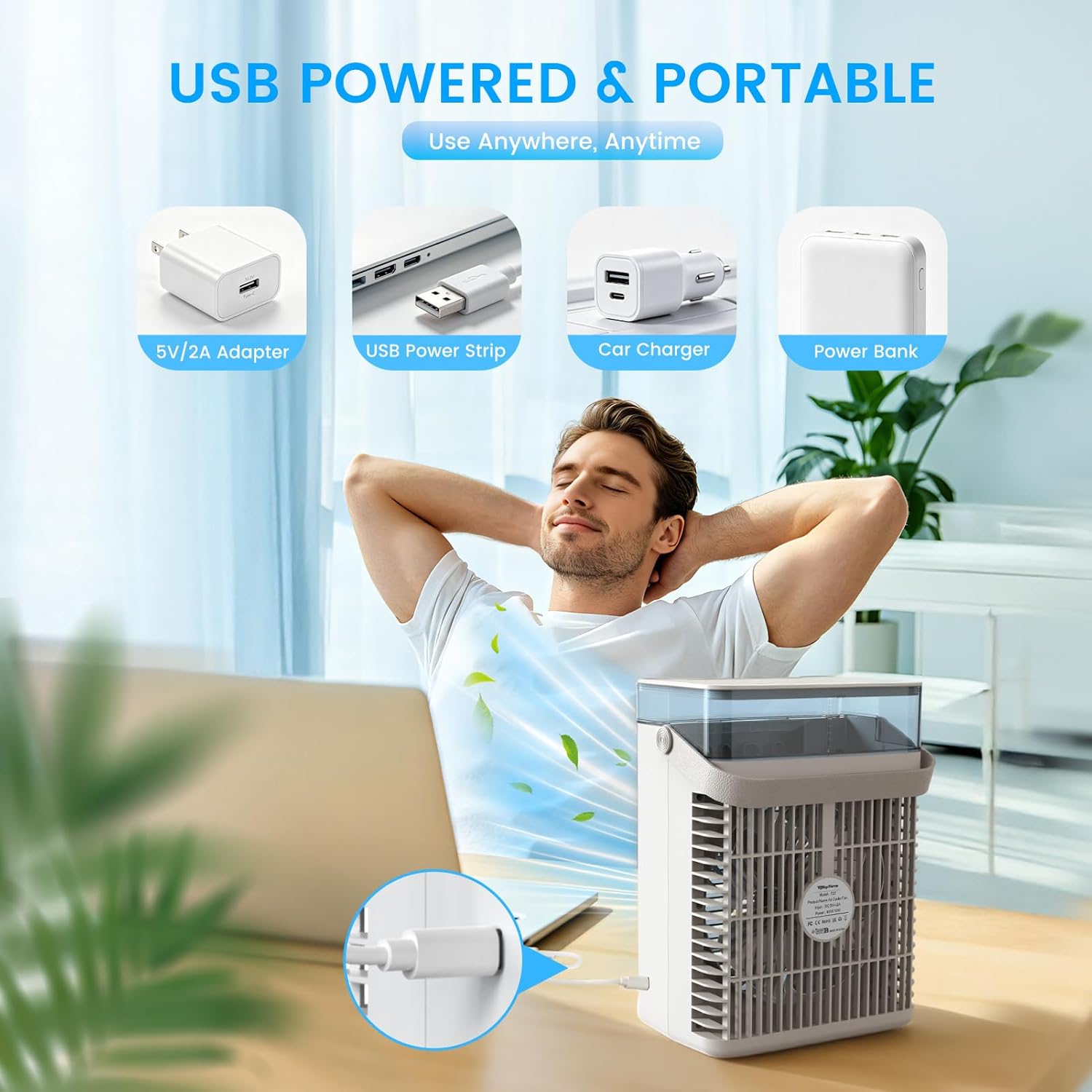  Climatiseurs Portables, Mini Climatiseur AC 4 En 1 Avec Réservoir D'eau De 1000ml, Minuterie 2/4/8H Lumière Ambiante Ventilateur Refroidisseur D'air Évaporatif Personnel Alimenté Par USB Pour Chambre