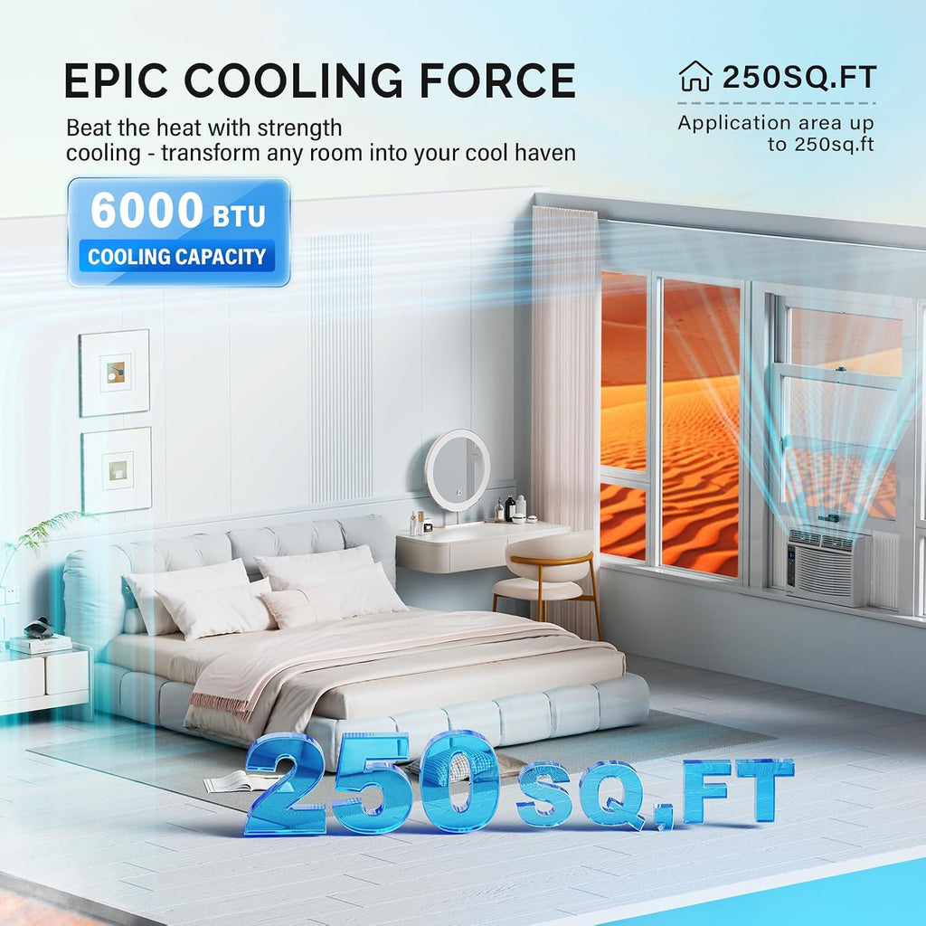  ROVSUN Climatiseur Pour Fenêtre, 6000 BTU, Télécommande Et Minuteur, Idéal Pour Les Pièces Jusqu'à 250 M², 110 V/60 Hz, Blanc