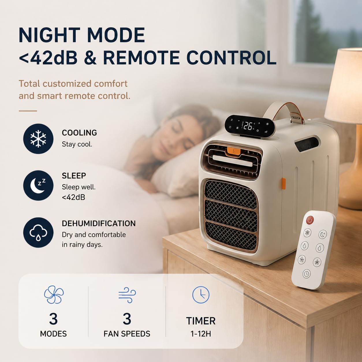  Climatiseur Portable 5200 BTU Pour Chambre Etudiant - Climatisation Mobile Réversible Chaud/Froid 4-en-1 - Audio Bluetooth Intégré Pour Studio, Tente, Camping-Car, Petit Espace