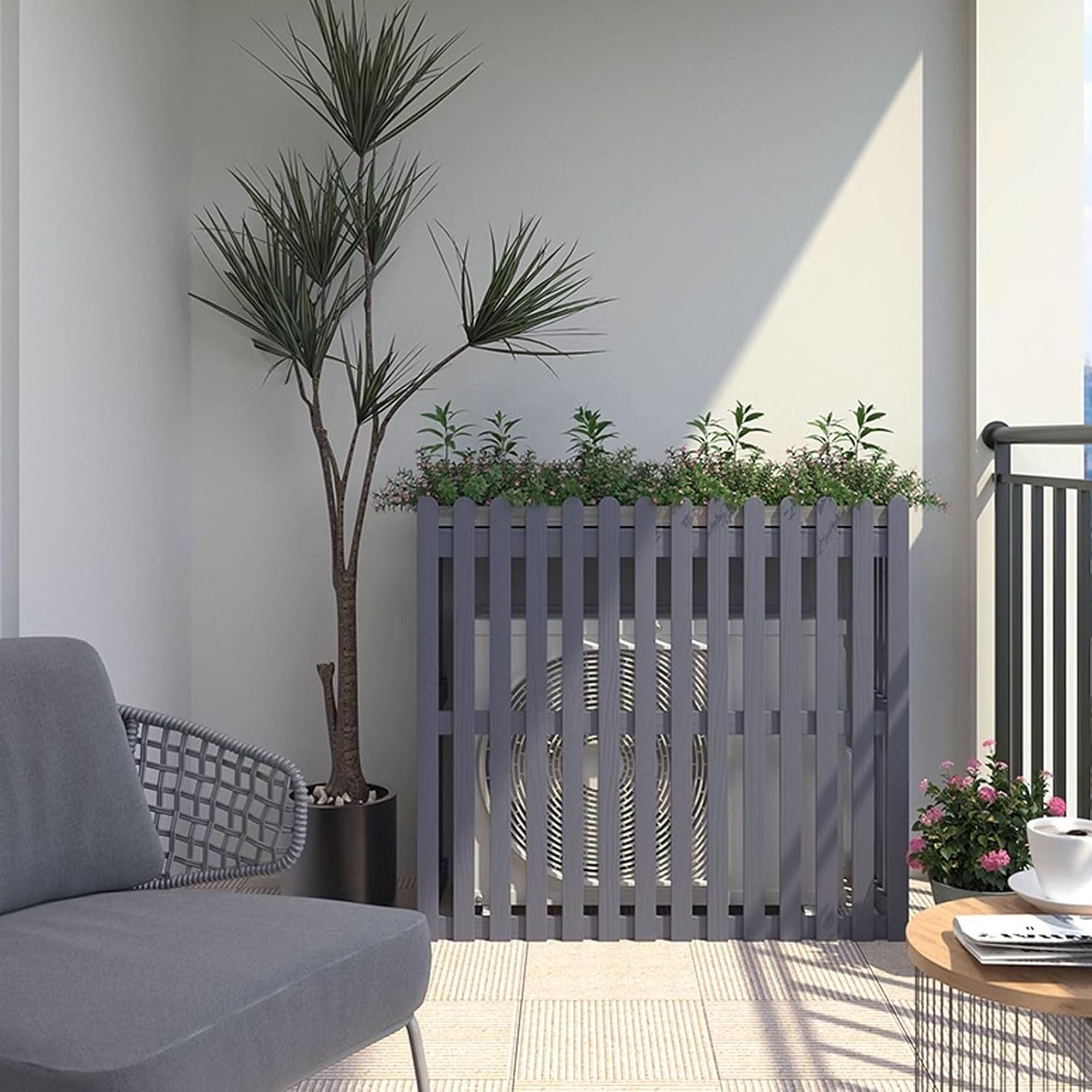 GENERIC Housse De Pompe à Chaleur Extérieure En Bois Pour Climatiseur - Protection Résistante Aux Intempéries - Écran Décoratif Avec Pot De Fleurs - Dimensions : 120 X 60 X 105 Cm - Couleur : Blanc